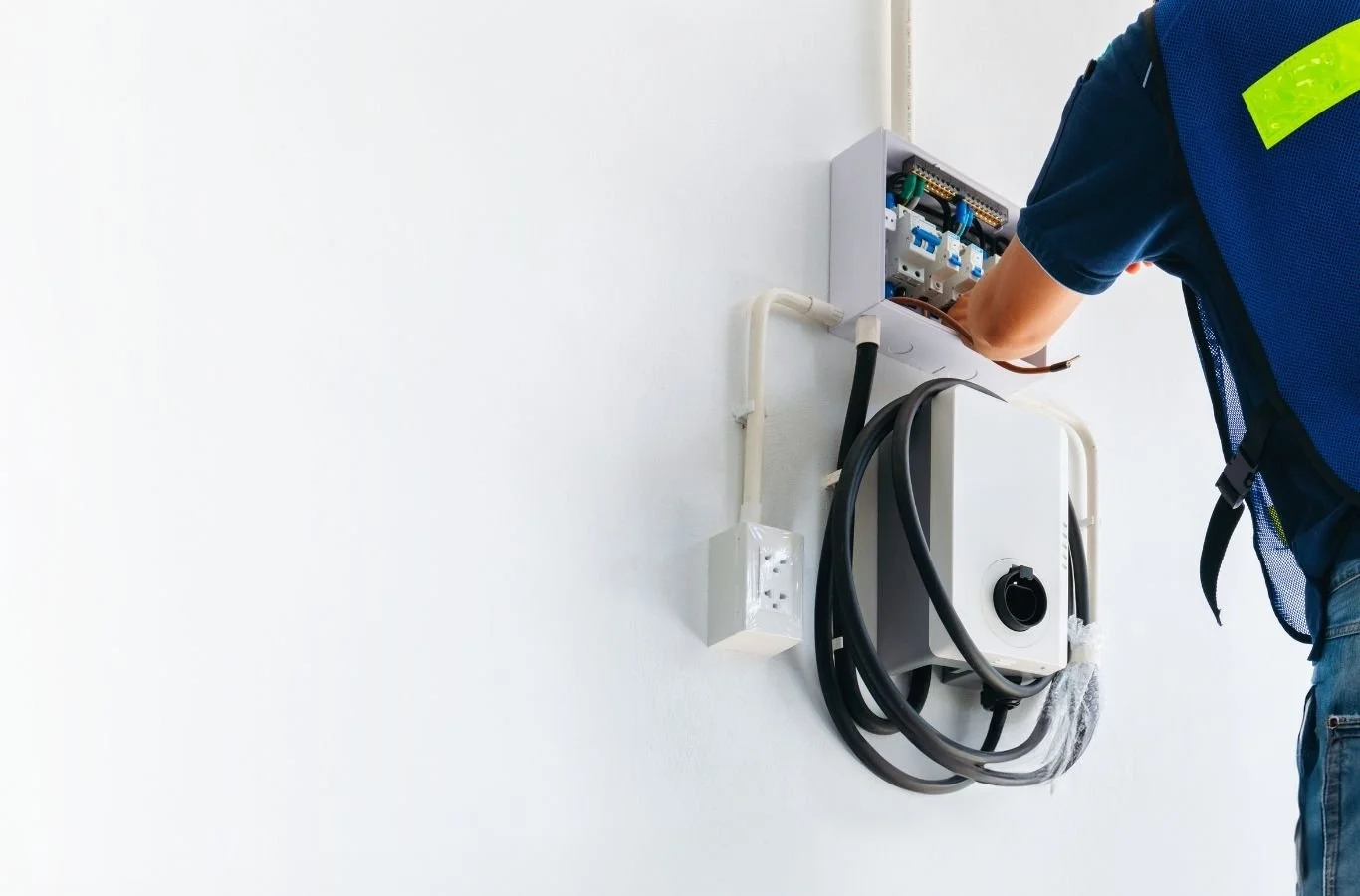 Collins Electric expert setting up an EV charger in Santa Rosa, CA with careful wiring. EV Charger Installation Near Me.