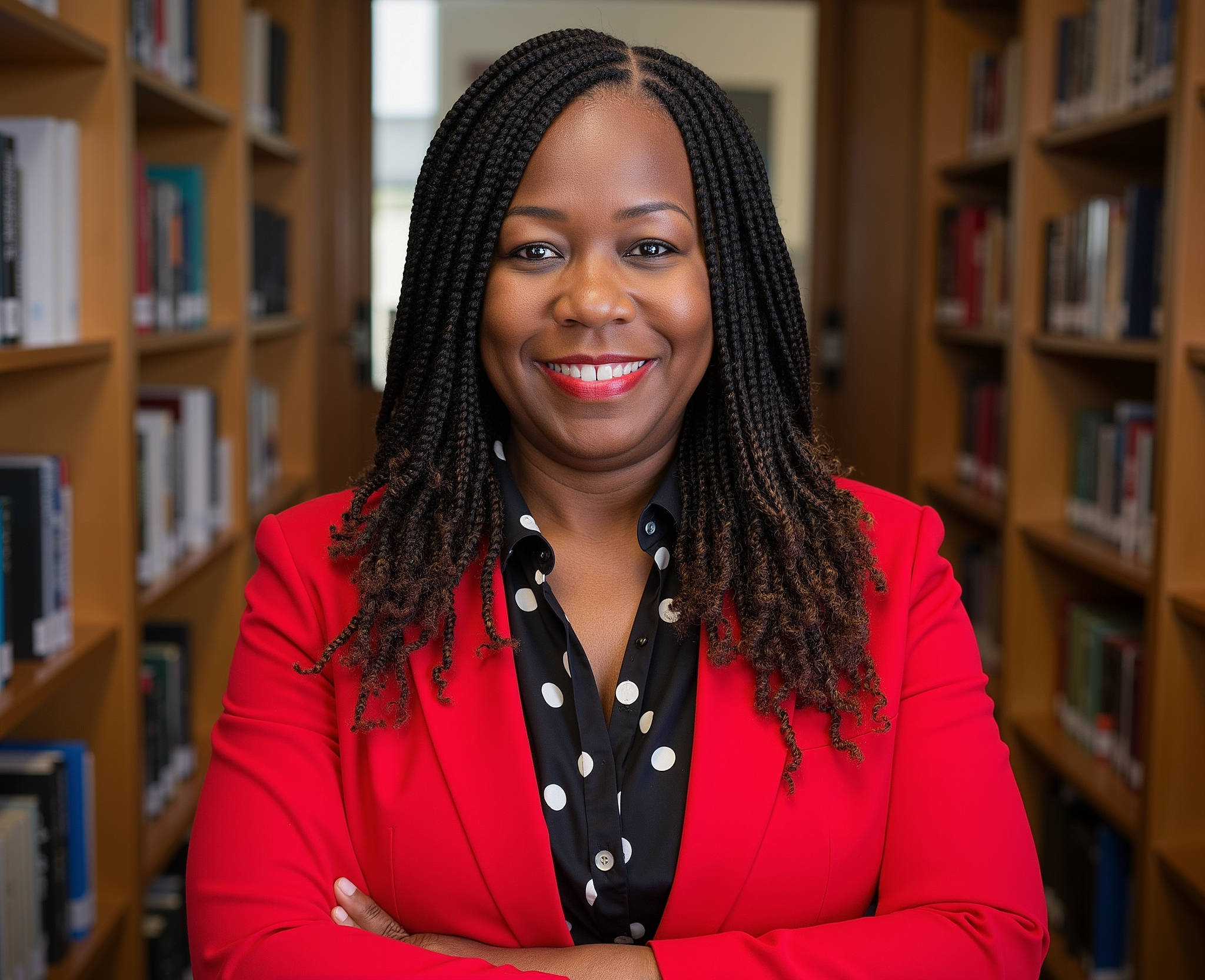 A confident woman with braided hair, wearing a red blazer and black and white polka dot blouse, standing in a library with wooden bookshelves filled with books.