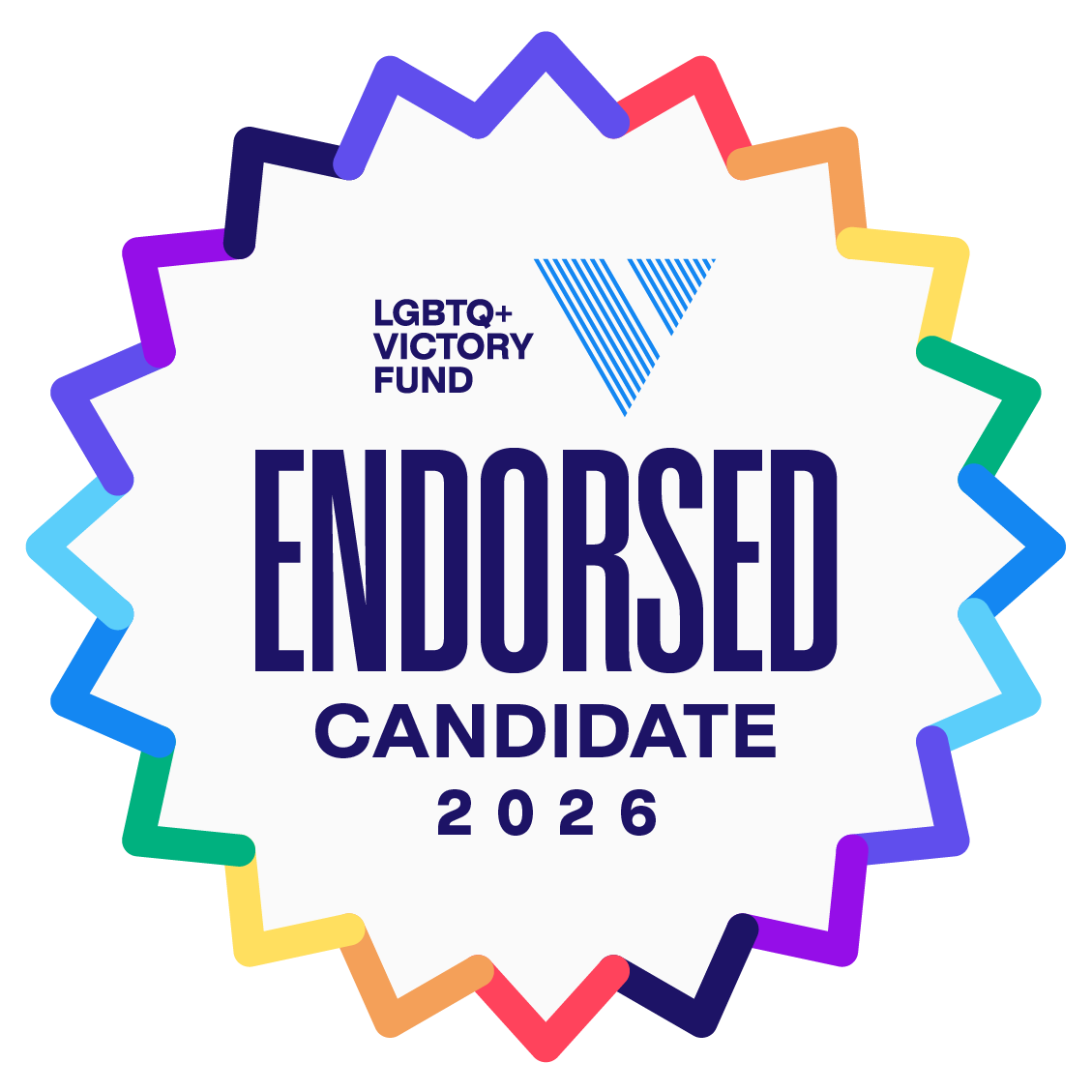 Endorsement badge with text reading "LGBTQ+ Victory Fund Endorsed Candidate 2026"