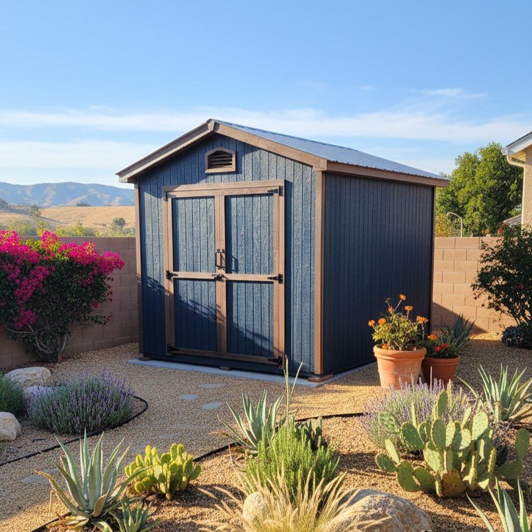 A 8x10 foot blue gable roofed garden shed with wooden trim and a metal roof, situated in a backyard with desert landscaping, including cacti, succulents, and flowering plants, under a clear sky in Southern California.