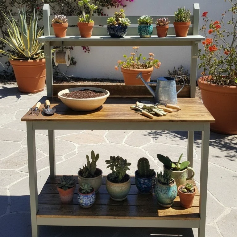 Two-tier garden potting station with potted succulents and cacti on a patio. The top shelf has smaller succulents, while the bottom shelf has various cacti and succulents. Gardening Bench has sage green frame and wood stained shelves