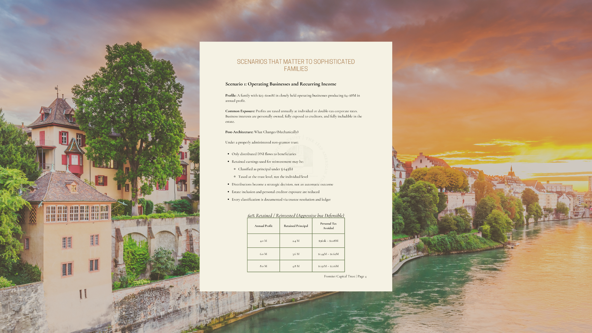 Document overlaying a scenic river view at sunset, featuring historic buildings, trees, and a sky with orange and purple clouds.