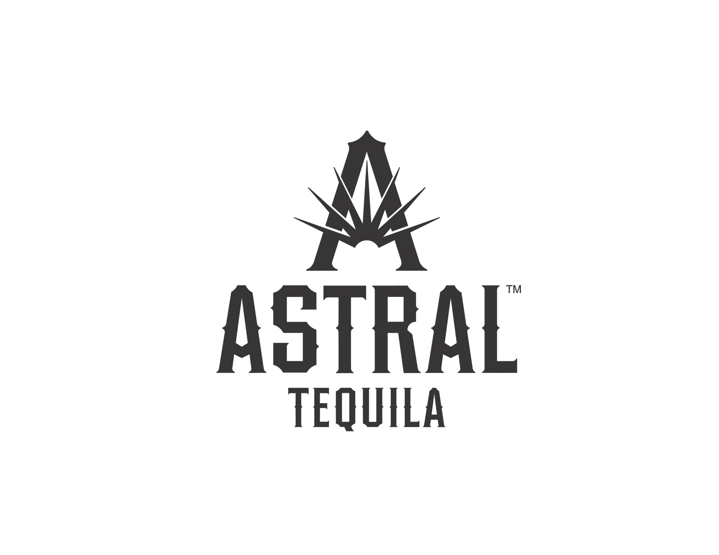 Black background with gray logo of Astral Tequila featuring a stylized starburst and text.