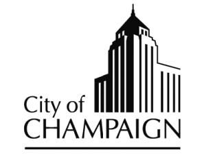 Silhouette of a tall building with a spire, with the text 'City of CHAMPAIGN' underneath.