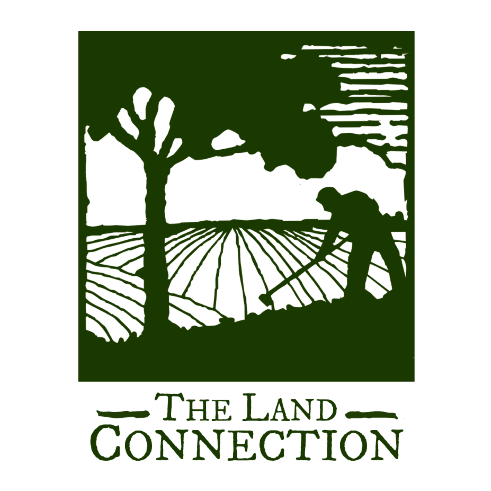 Silhouette of a farmer plowing a field with a hoe near a tree, with fields and sky in the background, and text reading 'The Land Connection' at the bottom.