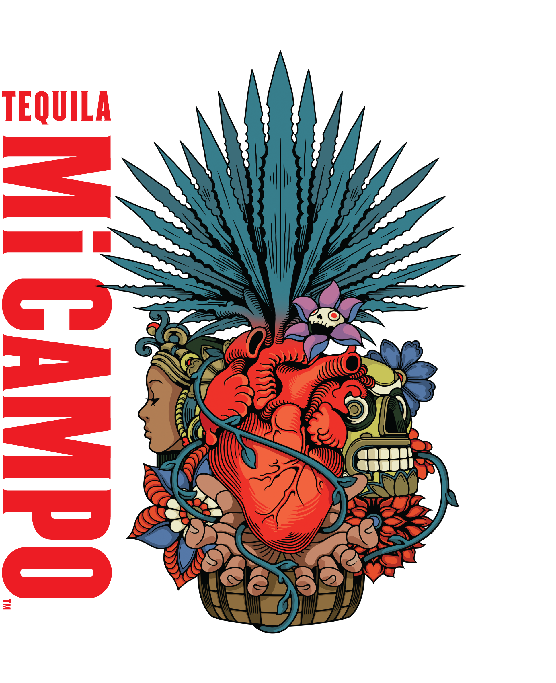 Illustration combining a human face, a realistic heart, traditional skull, flowers, and a basket, with a large feathered headdress on a black background.