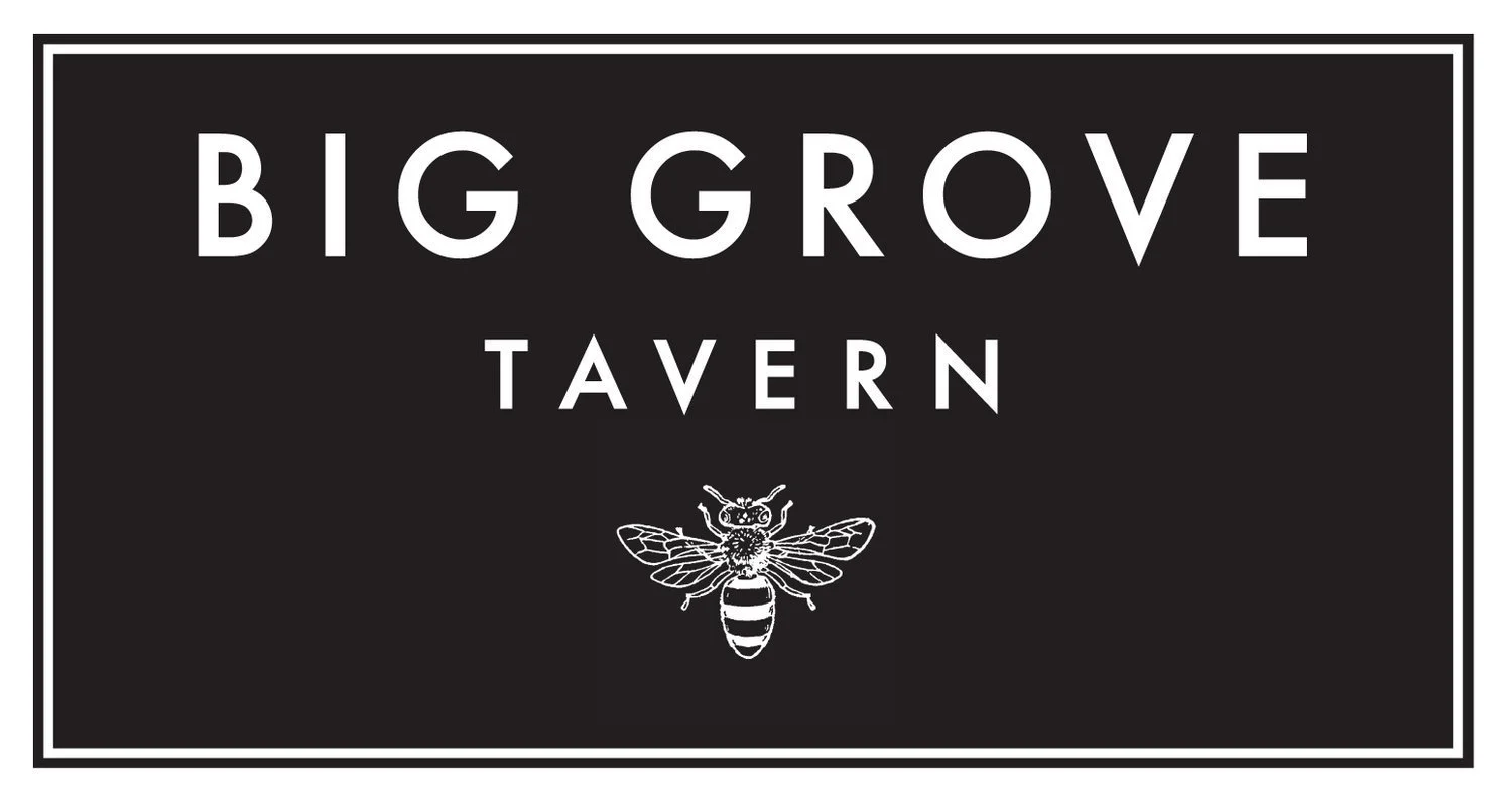 Black and white sign with the text "Big Grove Tavern" and a drawing of a bee underneath.