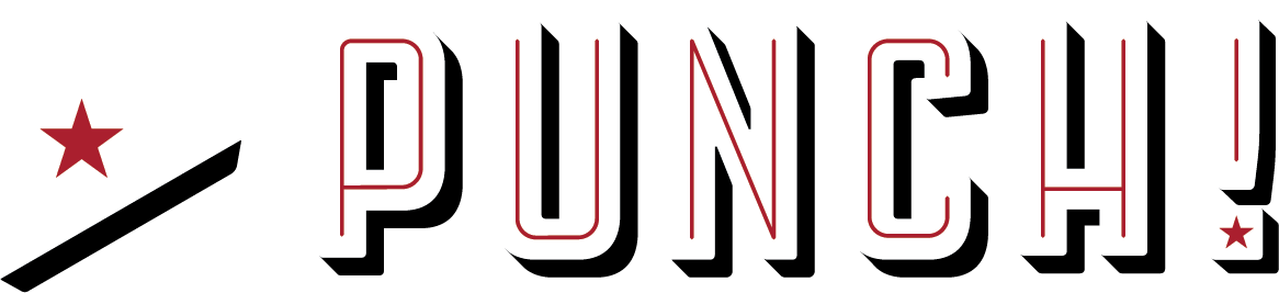 Graphic design with the word "PUNCH!" in bold letters, a stylized star and arrow motif, red, black, and white colors.