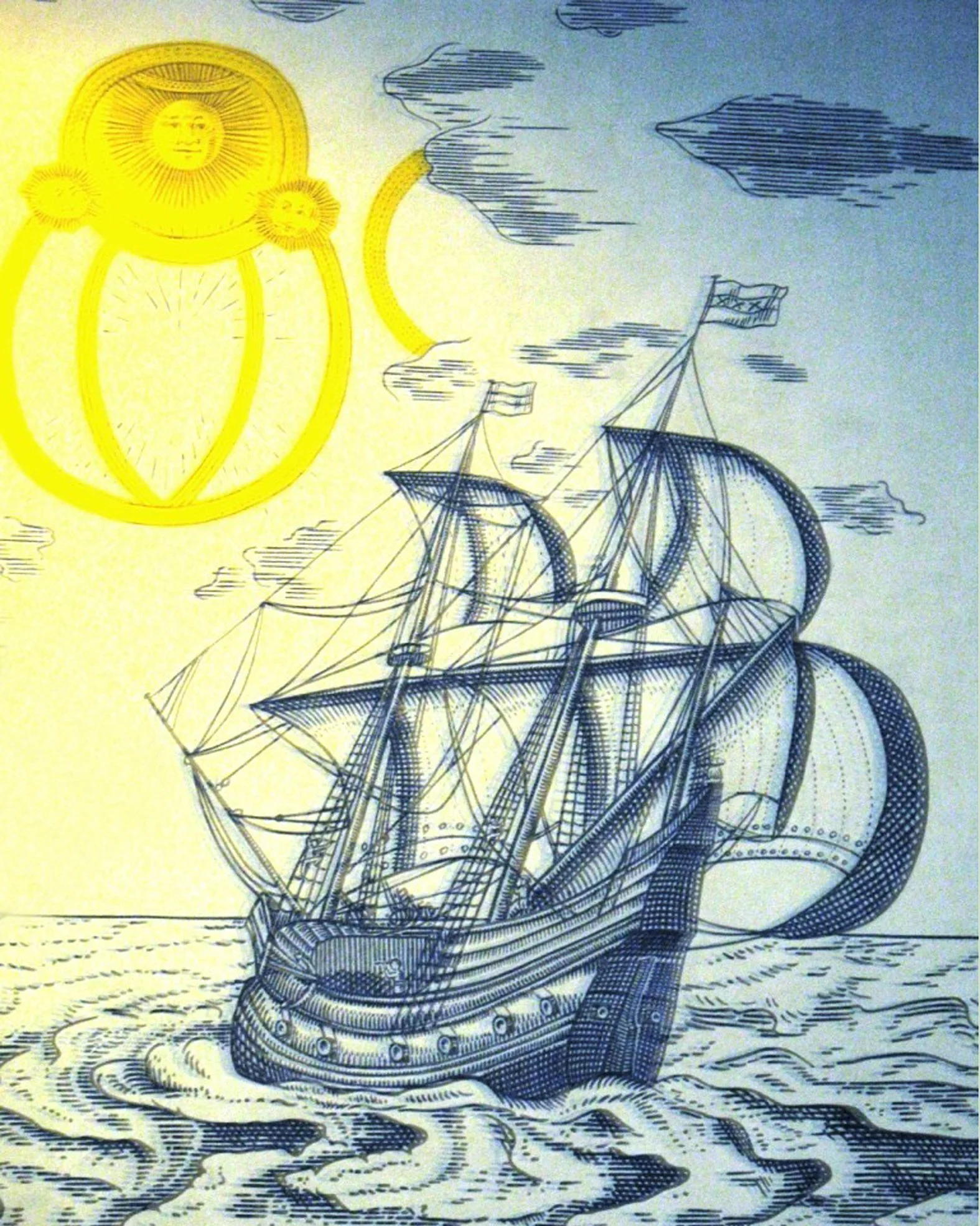 Ilustração de um navio antigo de vela navegando no mar, com o céu ao fundo e um grande sol amarelo brilhando no céu. Mural em Amsterdam, Holanda. 