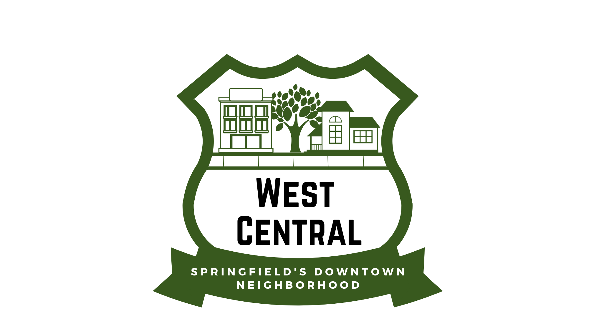 A green and white emblem with houses and a tree, labeled 'West Central' and 'Springfield's Downtown Neighborhood'.