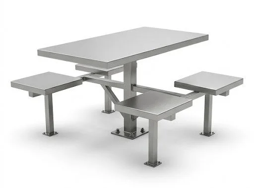 Mesa de comedor industrial con asientos integrados