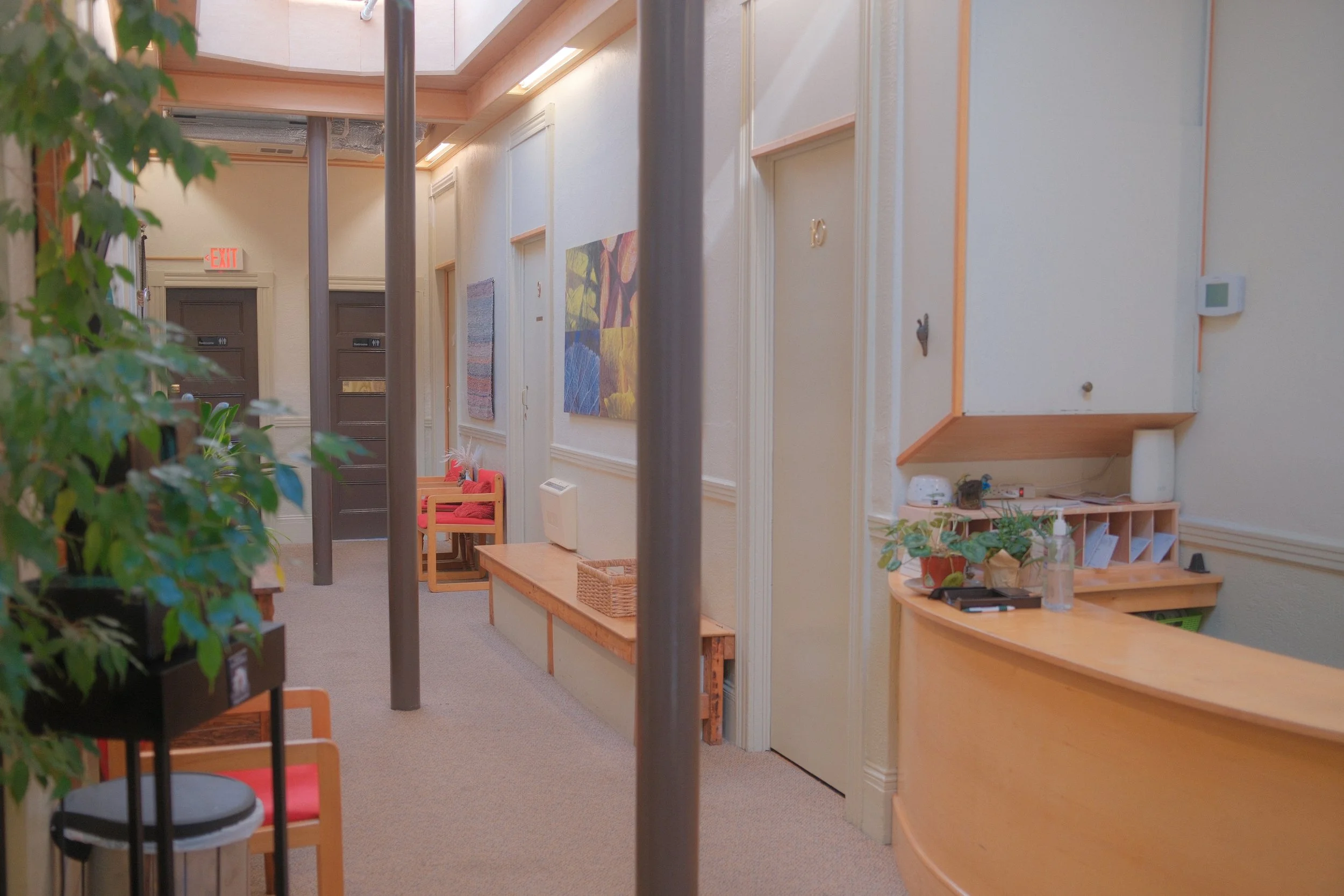 hallway with closed doors, artwork on the walls, a potted plant, chairs, and a counter with decorative items.