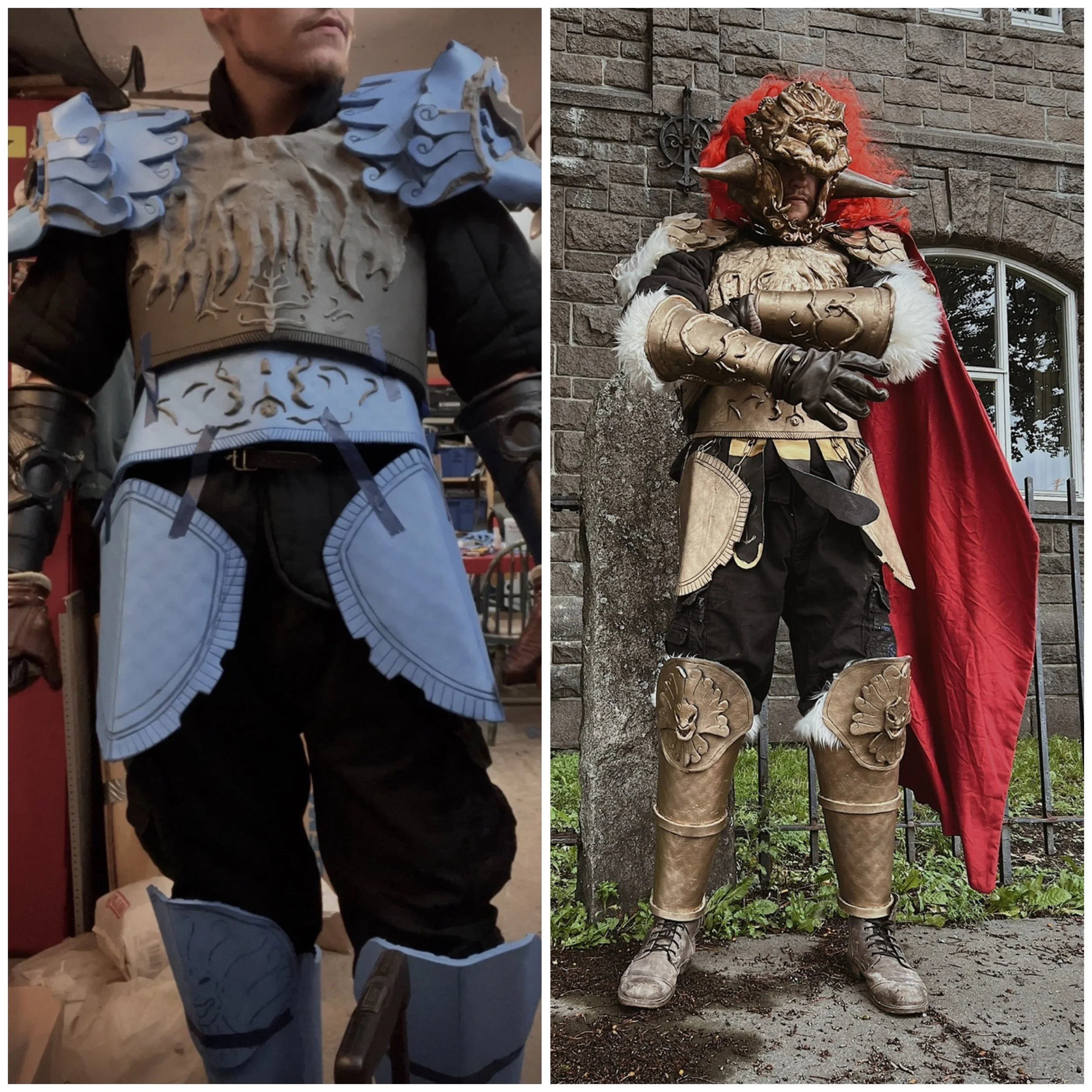 Starscourge Radahn from Elden Ring (2022) Crafted and painted by me out of EVA-Foam mats and Foamclay (Pictured here, before and after paint work)