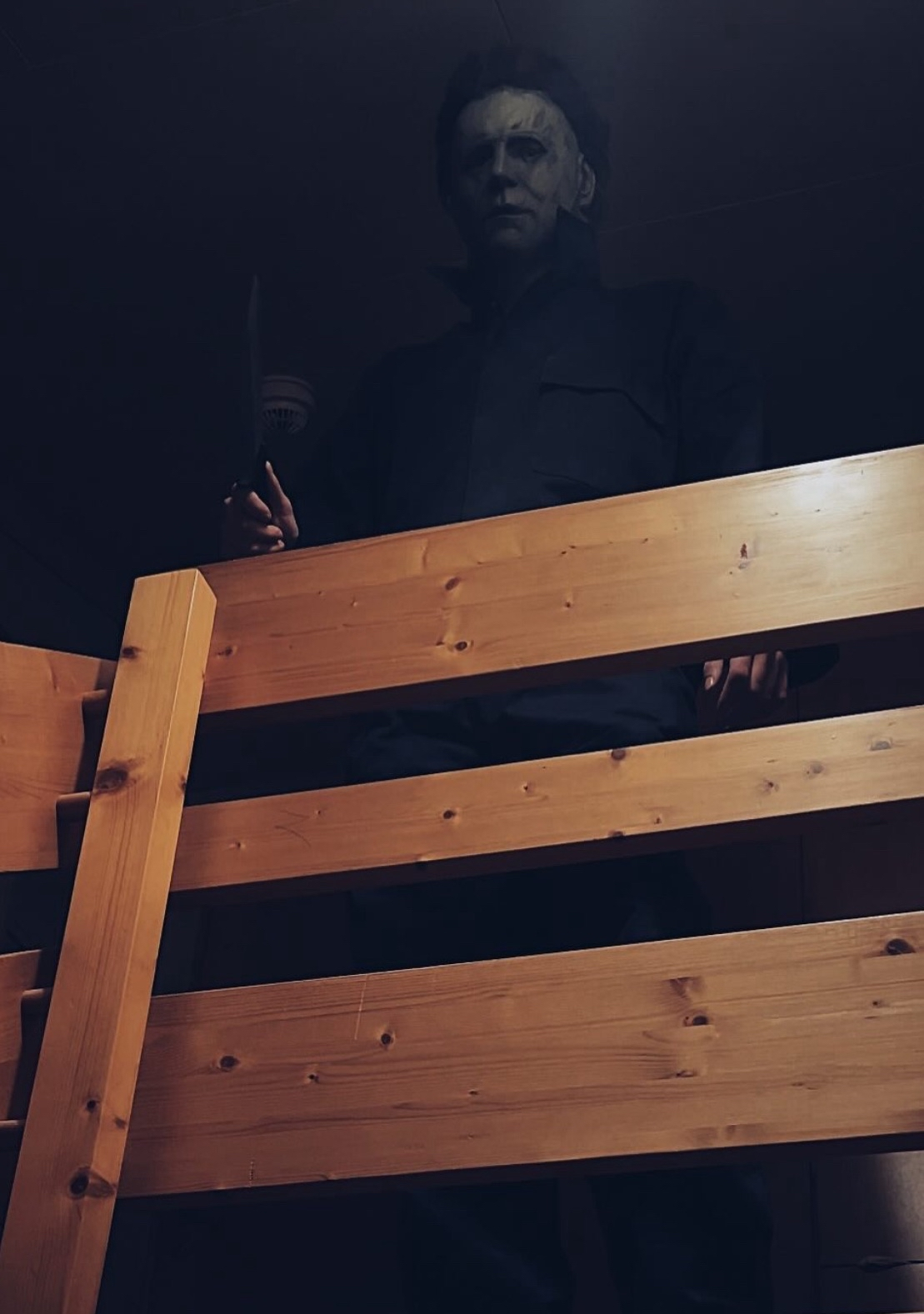 Michael Myers from Halloween (1978)
Store bought Latex mask, stripped of original paint and refinished by me. (Latex paint)
The blue coveralls were also heavily weathered, distressed and resewn by me.