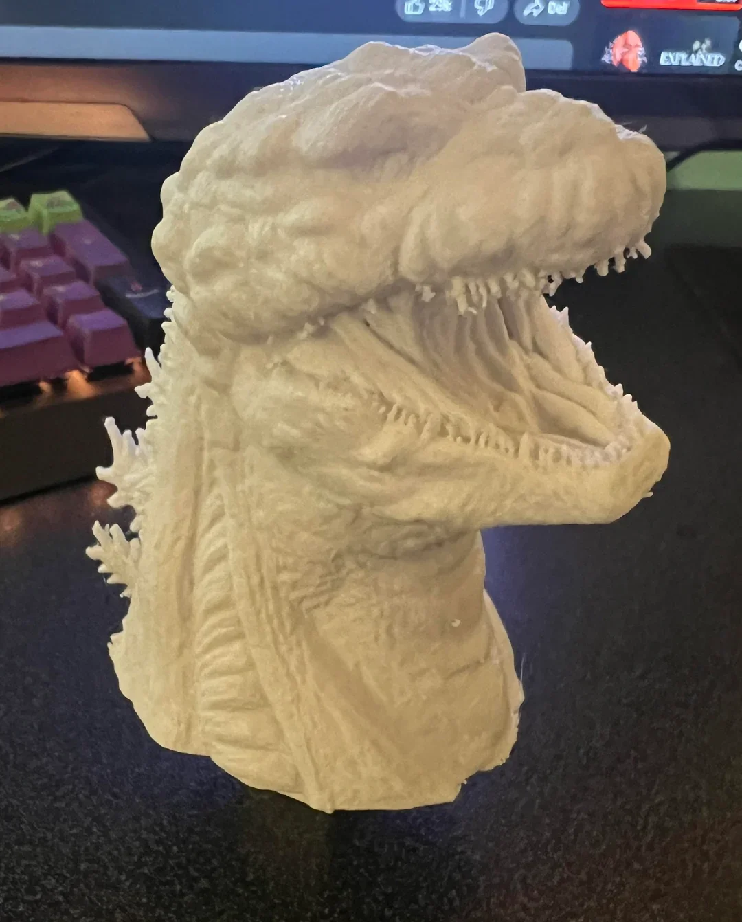 3D Printed model of Godzilla from the film Shin Godzilla (2016) (head seen here before any prep, texturing or painting) fresh off the printer.