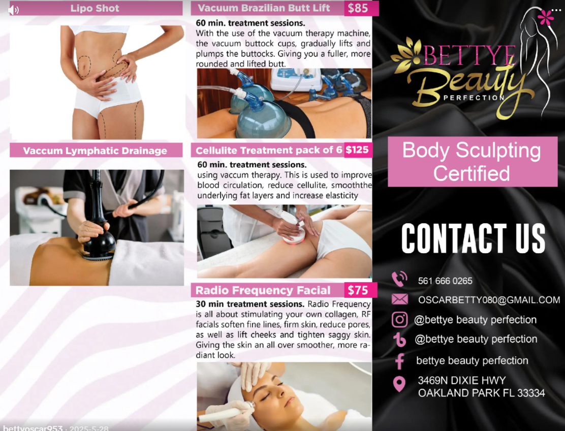 Promotional flyer for beauty and body sculpting services, including treatments like vacuum Brazilian butt lift, lymphatic drainage, cellulite treatment, and radio frequency facial, with contact information and prices listed.