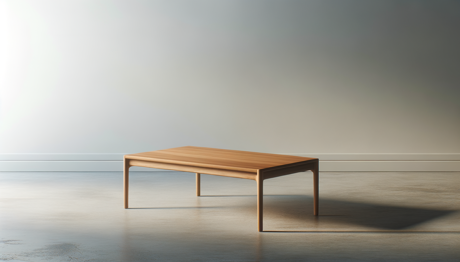 A minimalist wooden table with four slender legs, sitting on a light-colored floor against a plain light grey wall with sunlight softly illuminating it.