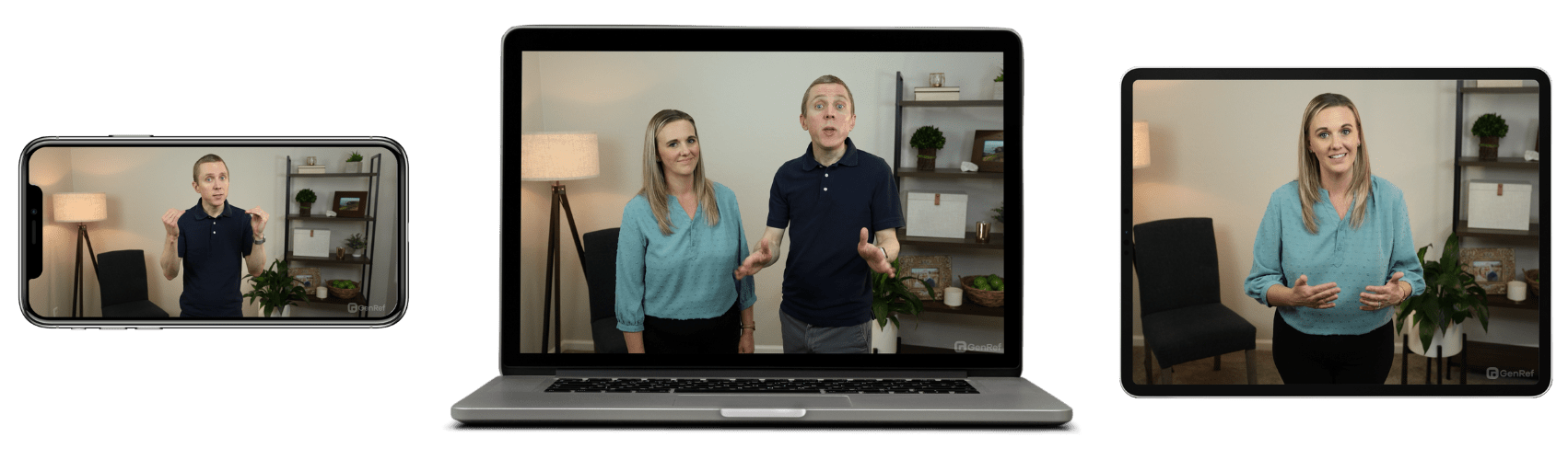 Jon and Jessica on phone, laptop, and tablet