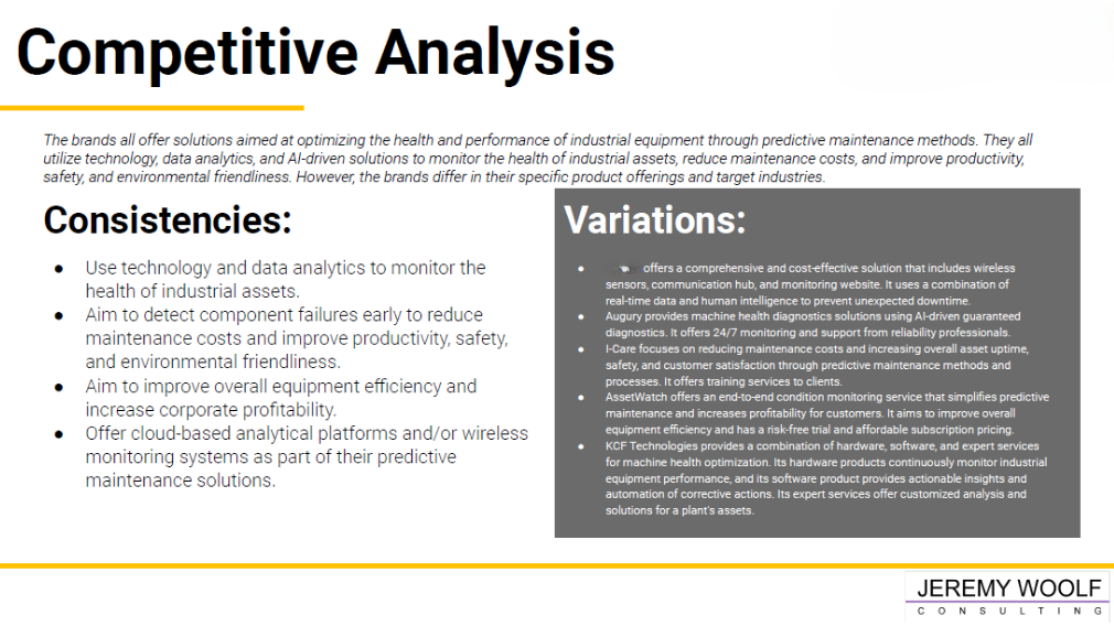 Competitive positioning example for an industrial predictive maintenance company