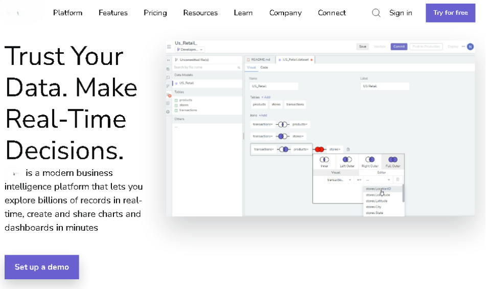 Website positioning example for a business intelligence platform