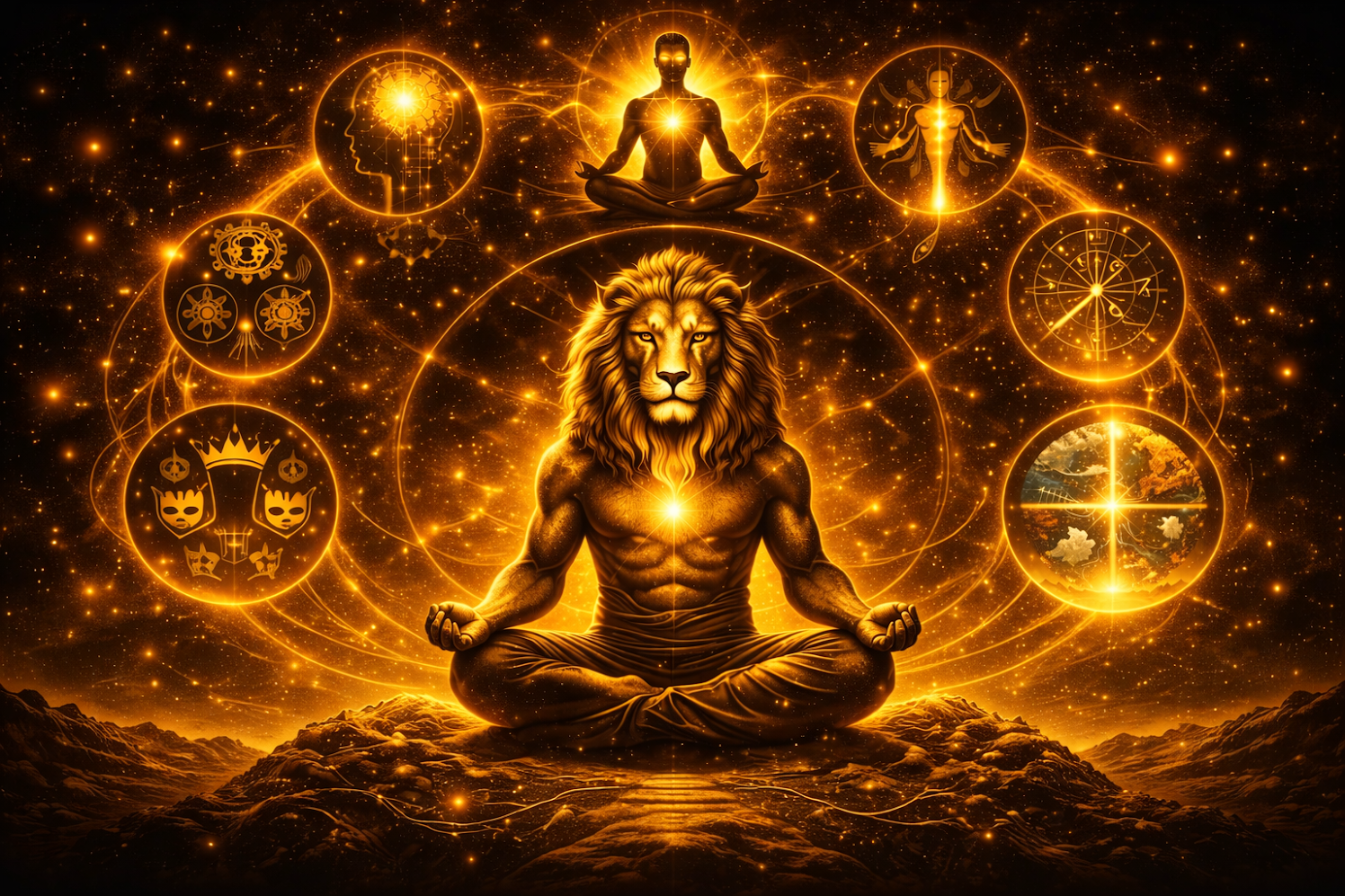 A digital illustration featuring a majestic lion in a meditative pose with a glowing light on its forehead, sitting cross-legged on rocky terrain. In the background, a human figure meditating with glowing lines and symbols around them. Various mystical symbols and icons representing the mind, universe, and spiritual energy are depicted with a golden glow, all set against a starry cosmic background.