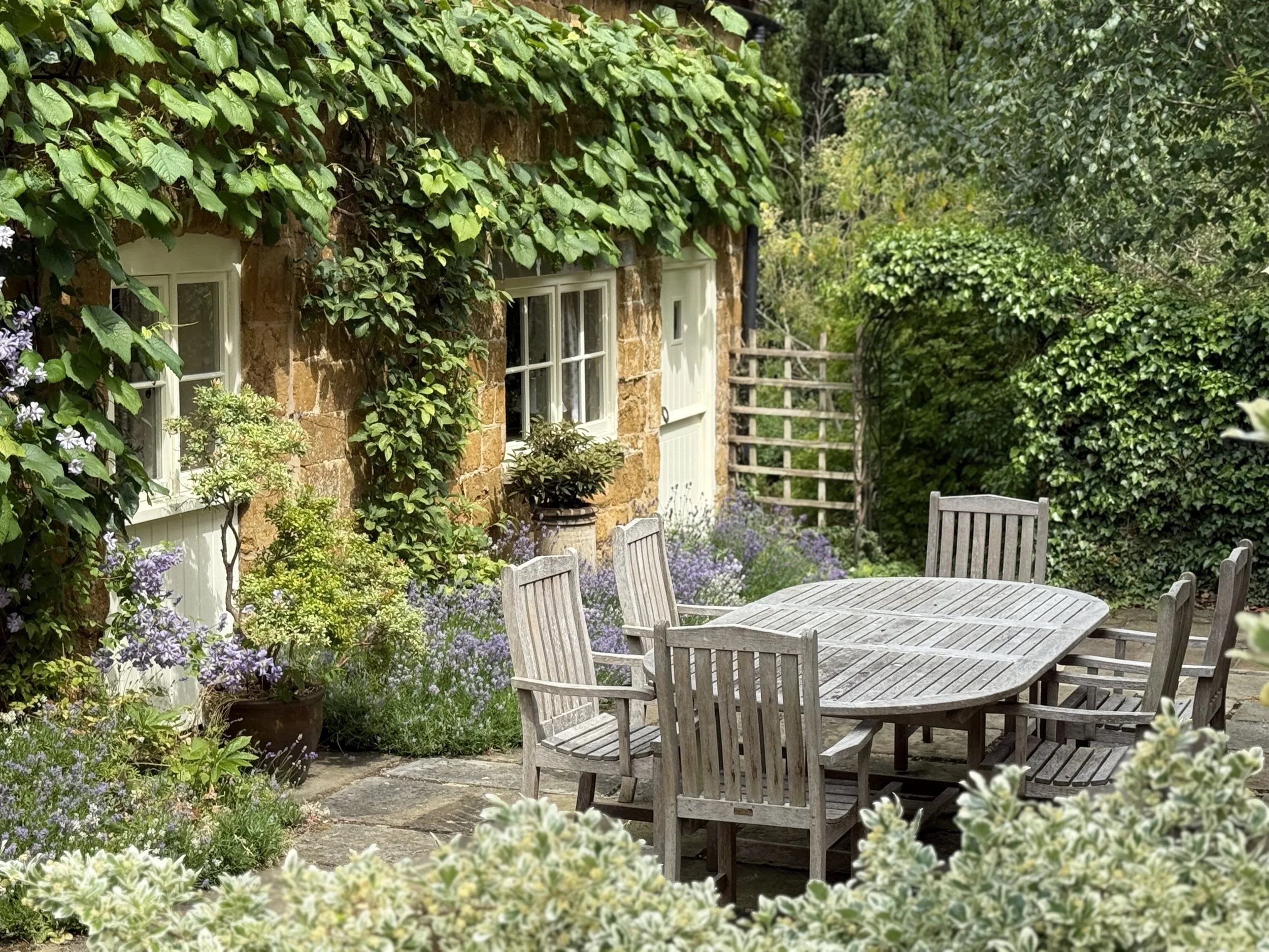 Outdoor patio with a wooden table and chairs surrounded by lush greenery and flowering plants next to a stone house with ivy-covered walls and white window frames.