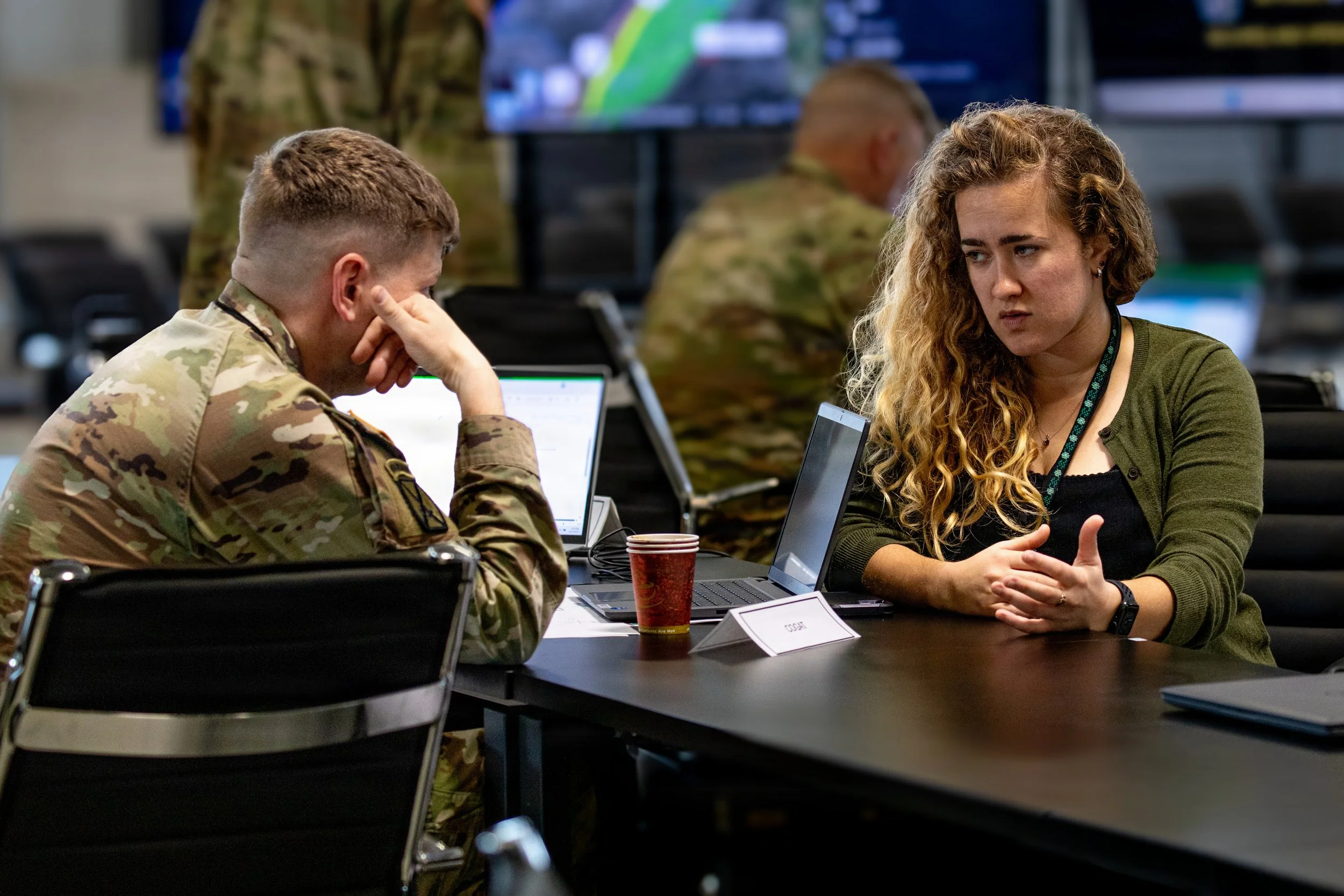 A U.S. Department of State Representative meets with a U.S. Army soldier at the Civil-Military Coordination Center (CMCC) on Nov. 4, 2025, in Israel. (U.S. Army photo by Spc. Kathryn Skonning)