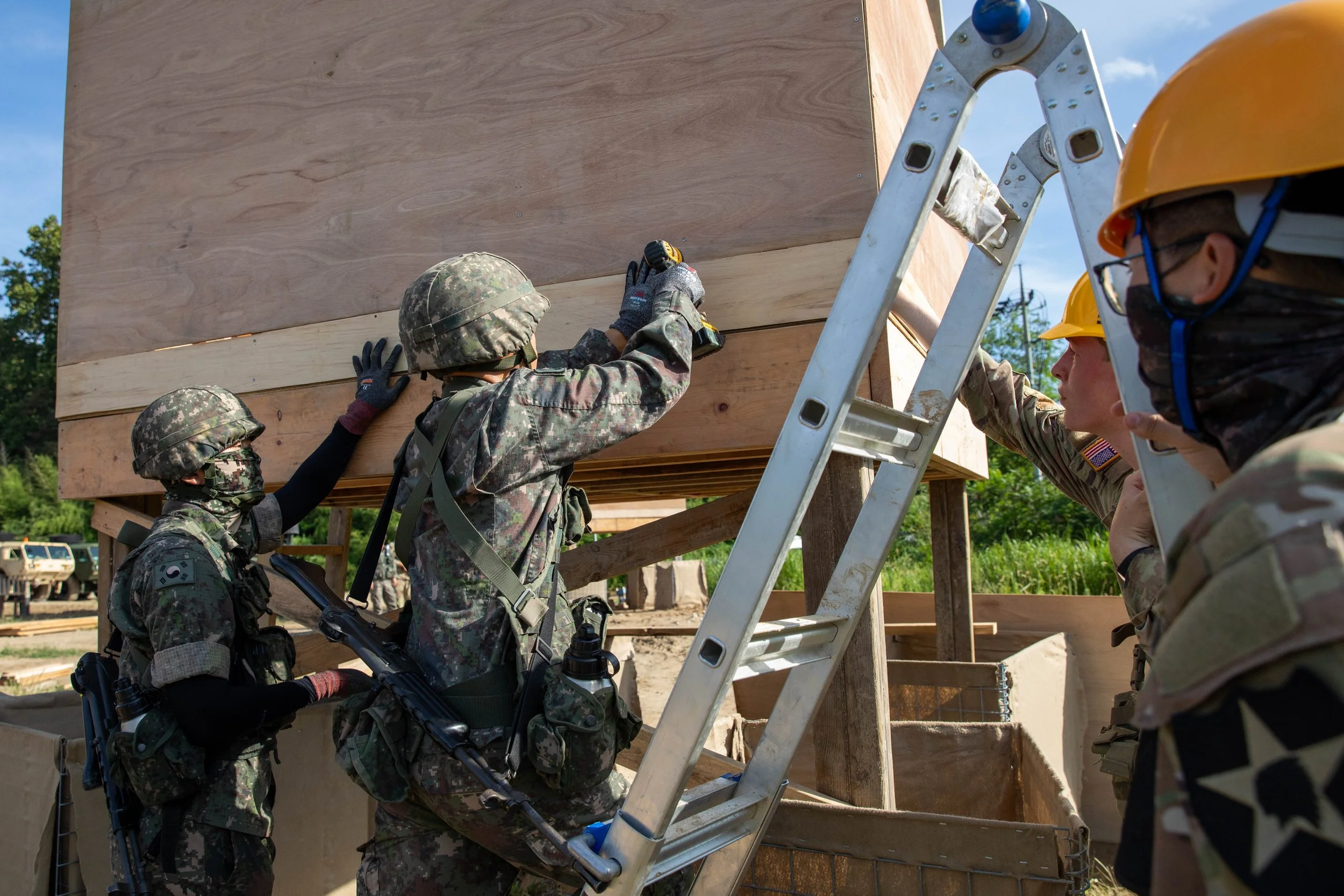 U.S. Army Soldiers with the 11th Engineer Battalion, 2nd Infantry Division, and Republic of Korea Army soldiers with the 2nd Operations Command prepare to construct a forward arming and refueling point in Daejeon, South Korea, Aug. 22, 2024. The FARP