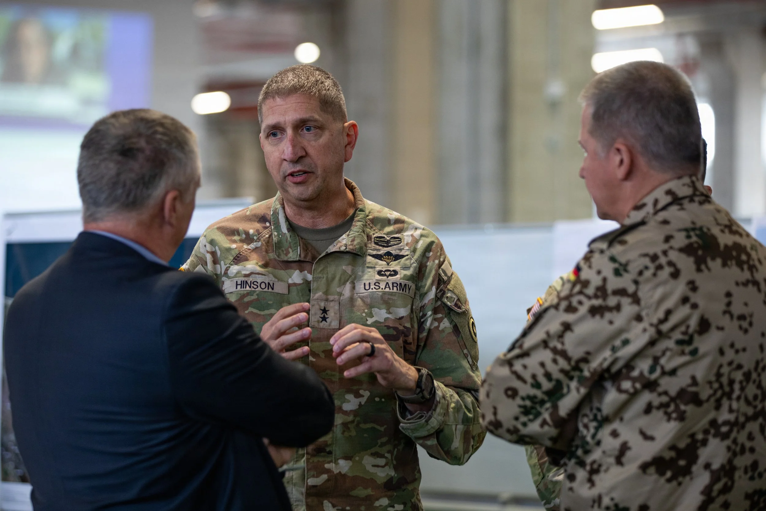 U.S. Army Maj. Gen. Brad Hinson meets with a distinguished guest, and a member of the German Armed Forces inside the Civil-Military Coordination Center (CMCC) on Nov. 4, 2025, in Israel. (U.S. Army photo by Spc. Kathryn Skonning)