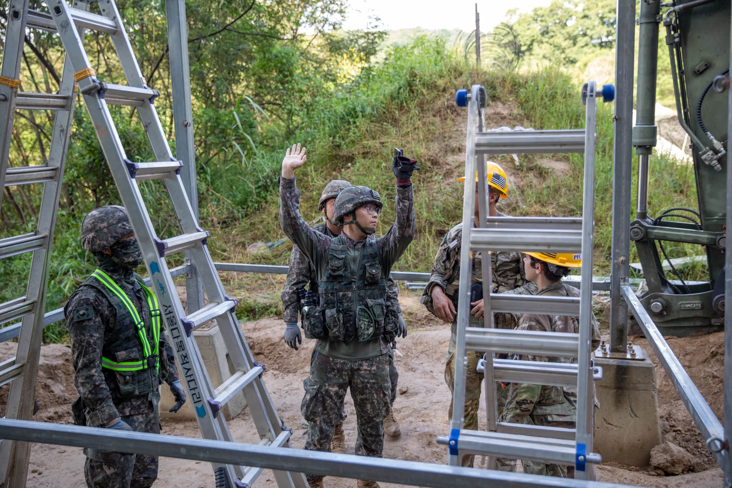 U.S. Army Soldiers with the 11th Engineer Battalion, 2nd Infantry Division, and Republic of Korea Army soldiers with the 2nd Operations Command prepare to construct a forward arming and refueling point in Daejeon, South Korea, Aug. 22, 2024. The FARP