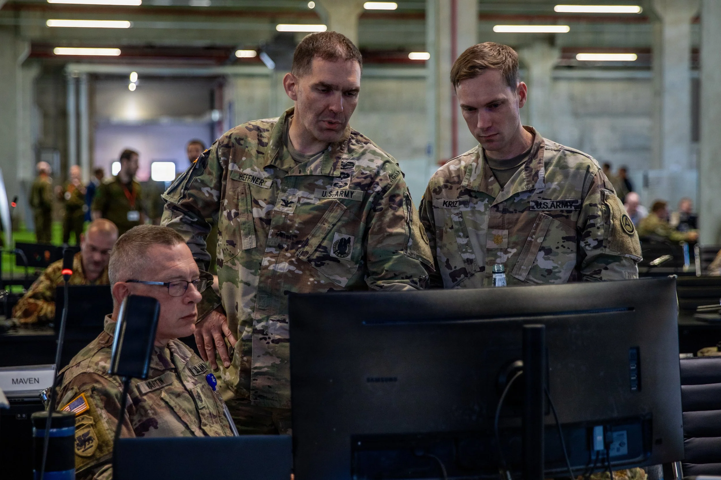 U.S. Army Soldiers assigned to U.S. Army Central analyze humanitarian aid routes in the Civil-Military Coordination Center (CMCC) on Nov. 23, 2025, in Israel. The CMCC is designed to help facilitate the flow of humanitarian, logistical, and security 