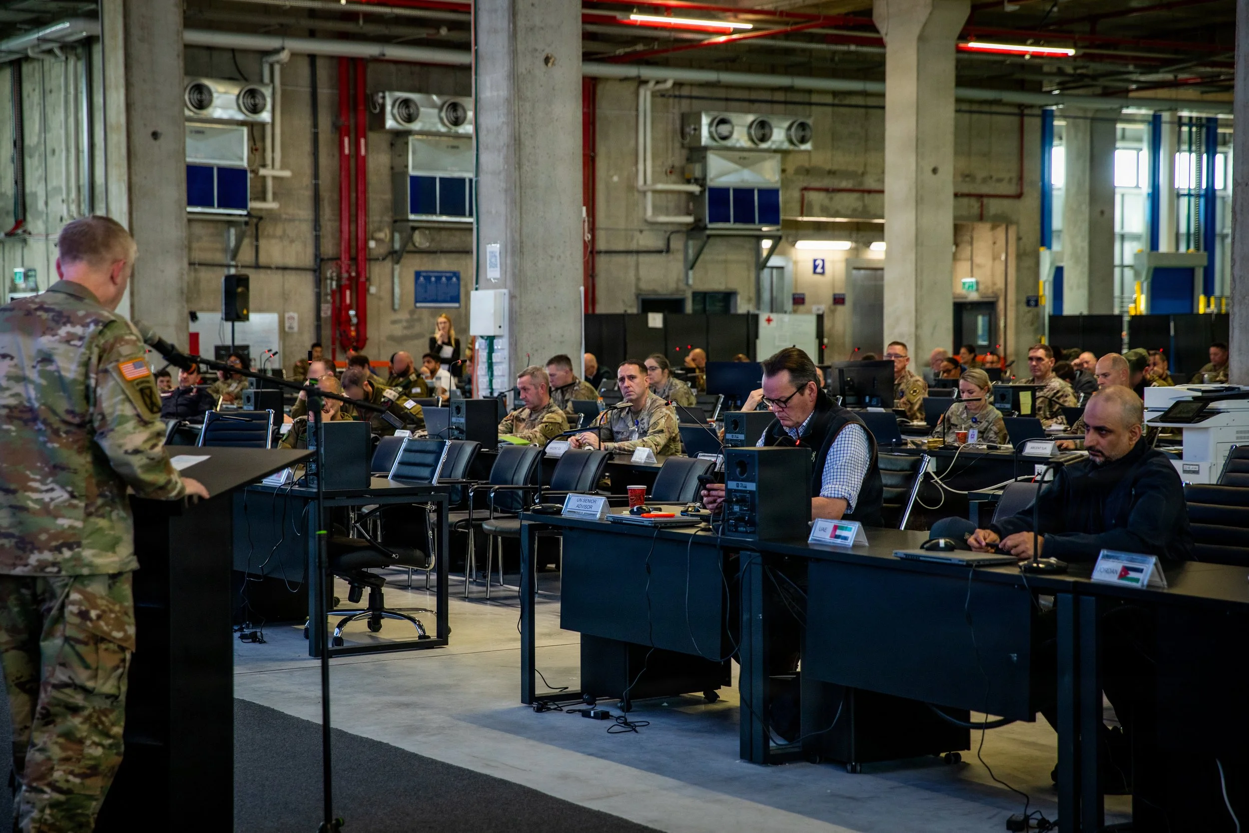 The Commander of U.S. Army Central, Lt. Gen. Patrick Frank speaks at the morning update brief inside the Civil-Military Coordination Center (CMCC) on Nov. 29, 2025, in Israel. The CMCC is designed to help facilitate the flow of humanitarian, logistic