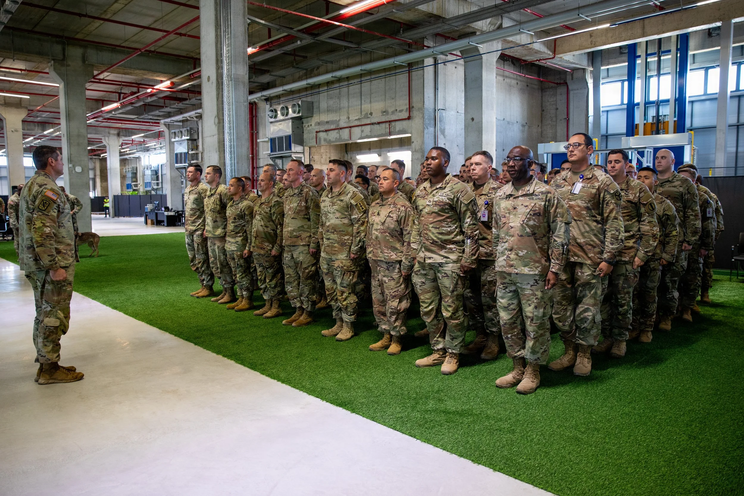 Soldiers assigned to U.S. Army Central stand in formation at the Civil-Military Coordination Center on Oct. 31, 2025, in Israel. (U.S. Army photo by Spc. Kathryn Skonning)