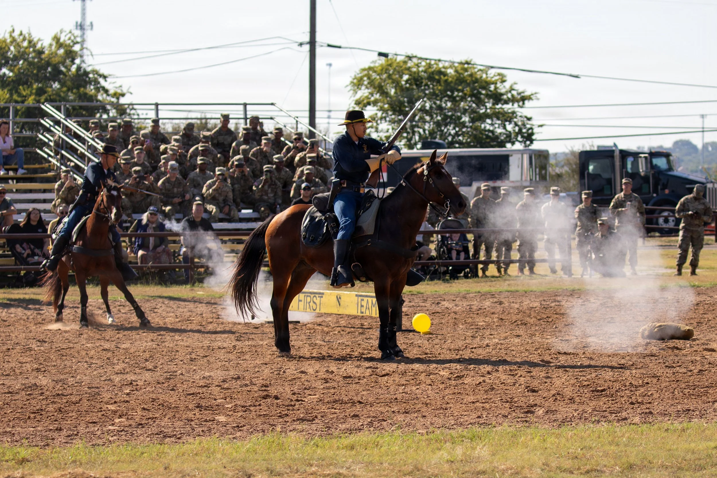 U.S. Army Troopers with the Horse Cavalry Detachment, 1st Cavalry Division, fire 1875 Model 45-70 Springfield Carbines during a mounted cavalry demonstration at Fort Hood, Texas, Oct. 2, 2025. The weekly demonstrations offer an insight into 1870s-era