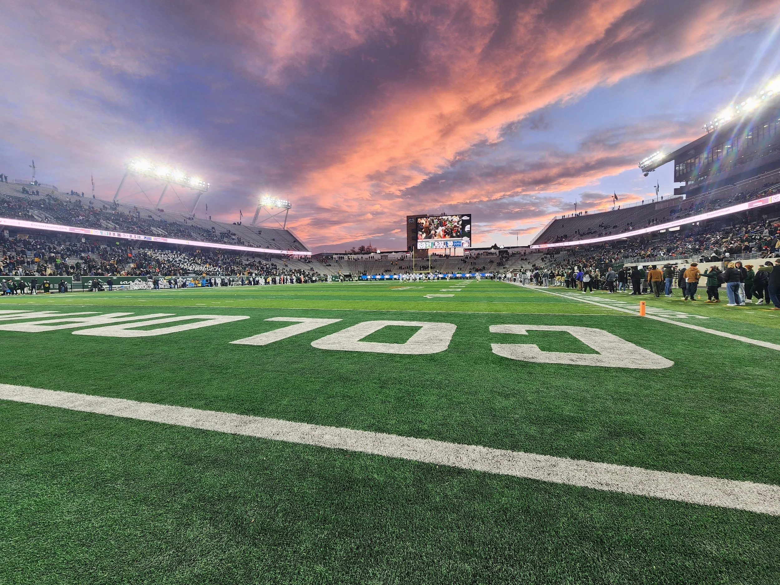 Sunset image taken inside of Canvas Stadium during a CSU football game on November 29, 2024. Image taken by Kathryn Skonning.