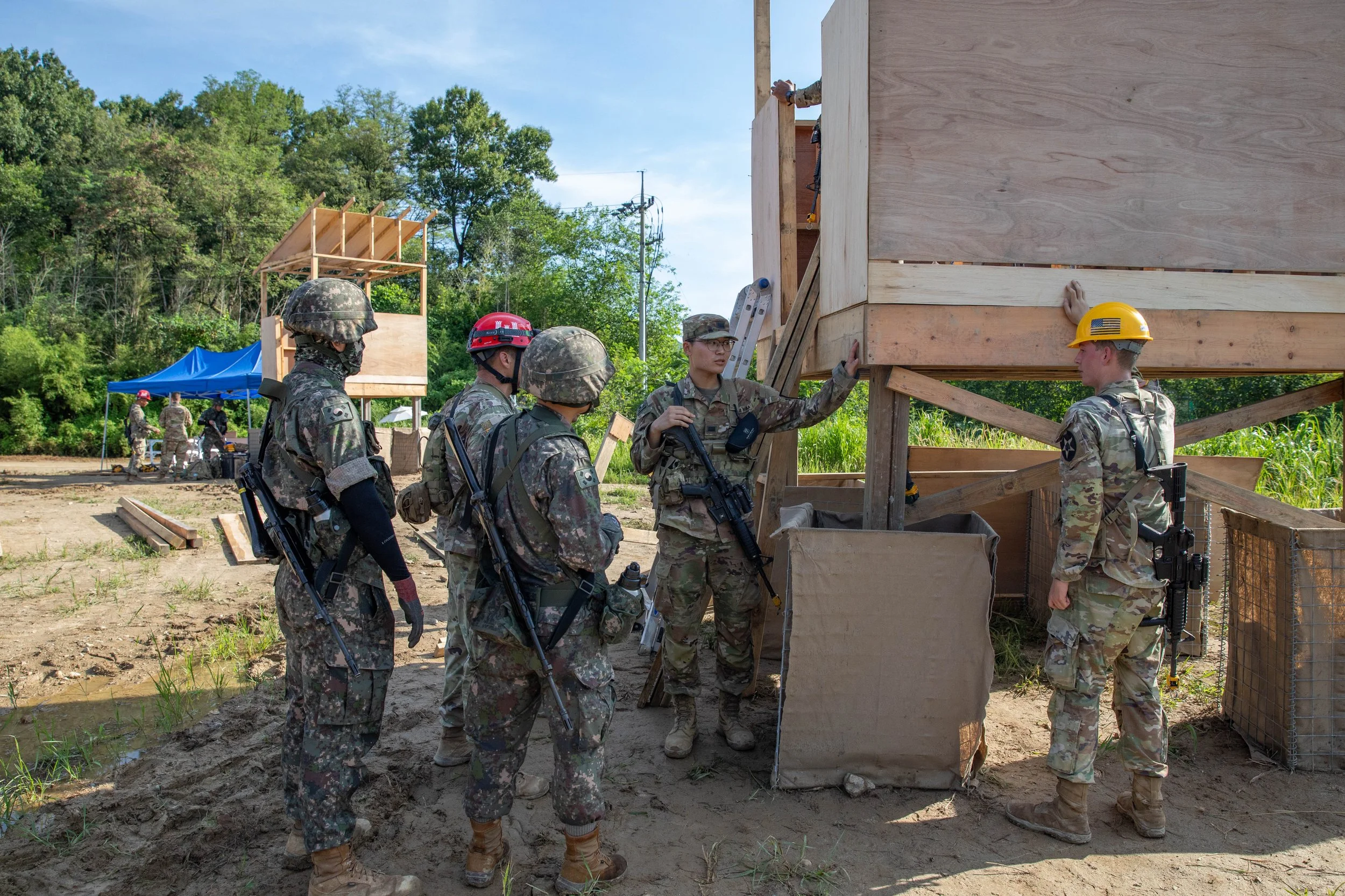 U.S. Army Soldiers with the 11th Engineer Battalion, 2nd Infantry Division, and Republic of Korea Army soldiers with the 2nd Operations Command prepare to construct a forward arming and refueling point in Daejeon, South Korea, Aug. 22, 2024. The FARP
