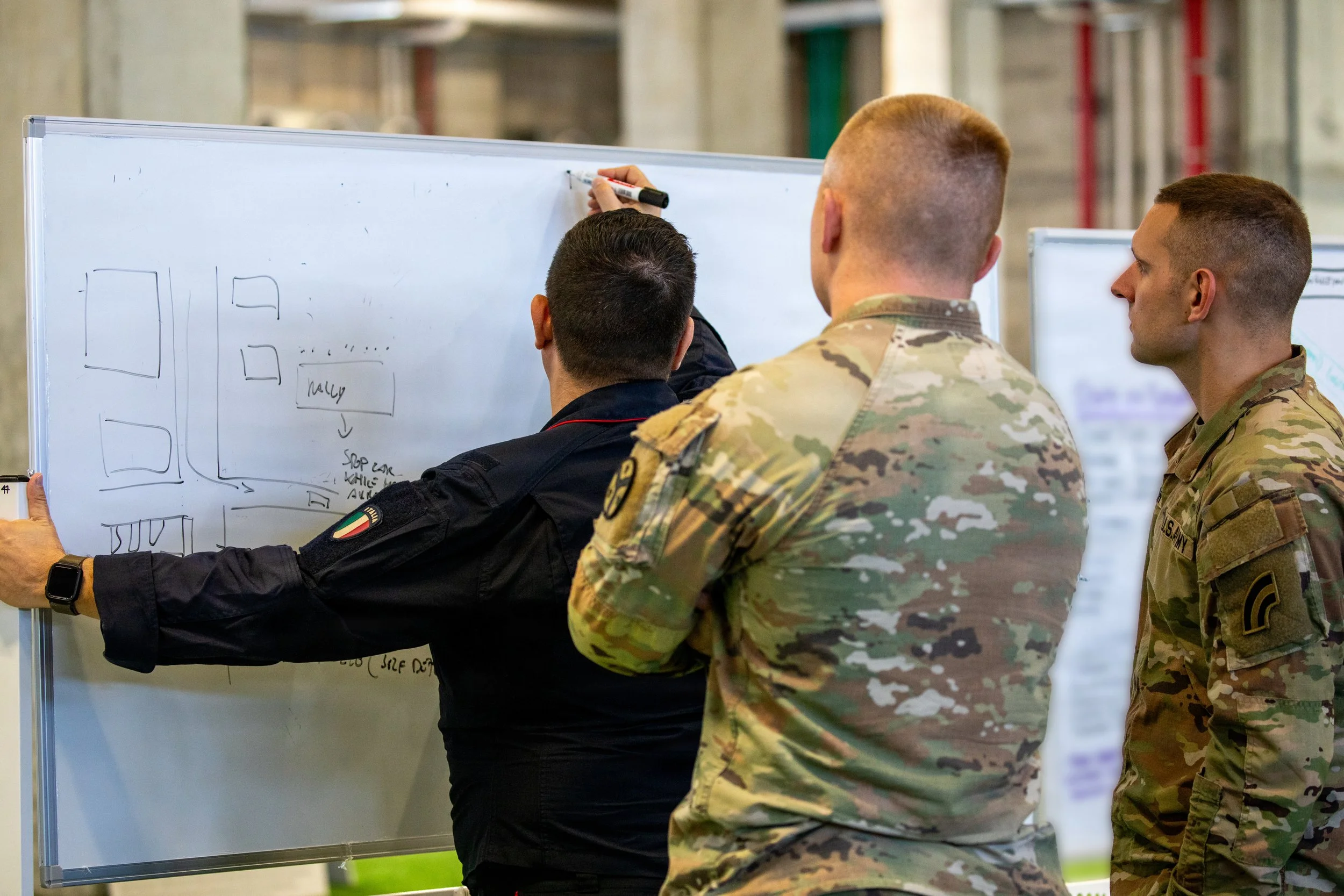 U.S. Soldiers assigned to U.S. Army Central partner with an Italian service member during the intelligence working group at the Civil-Military Coordination Center (CMCC), Dec. 7, 2025. Up-to-date, accurate intelligence is vital for the success of all