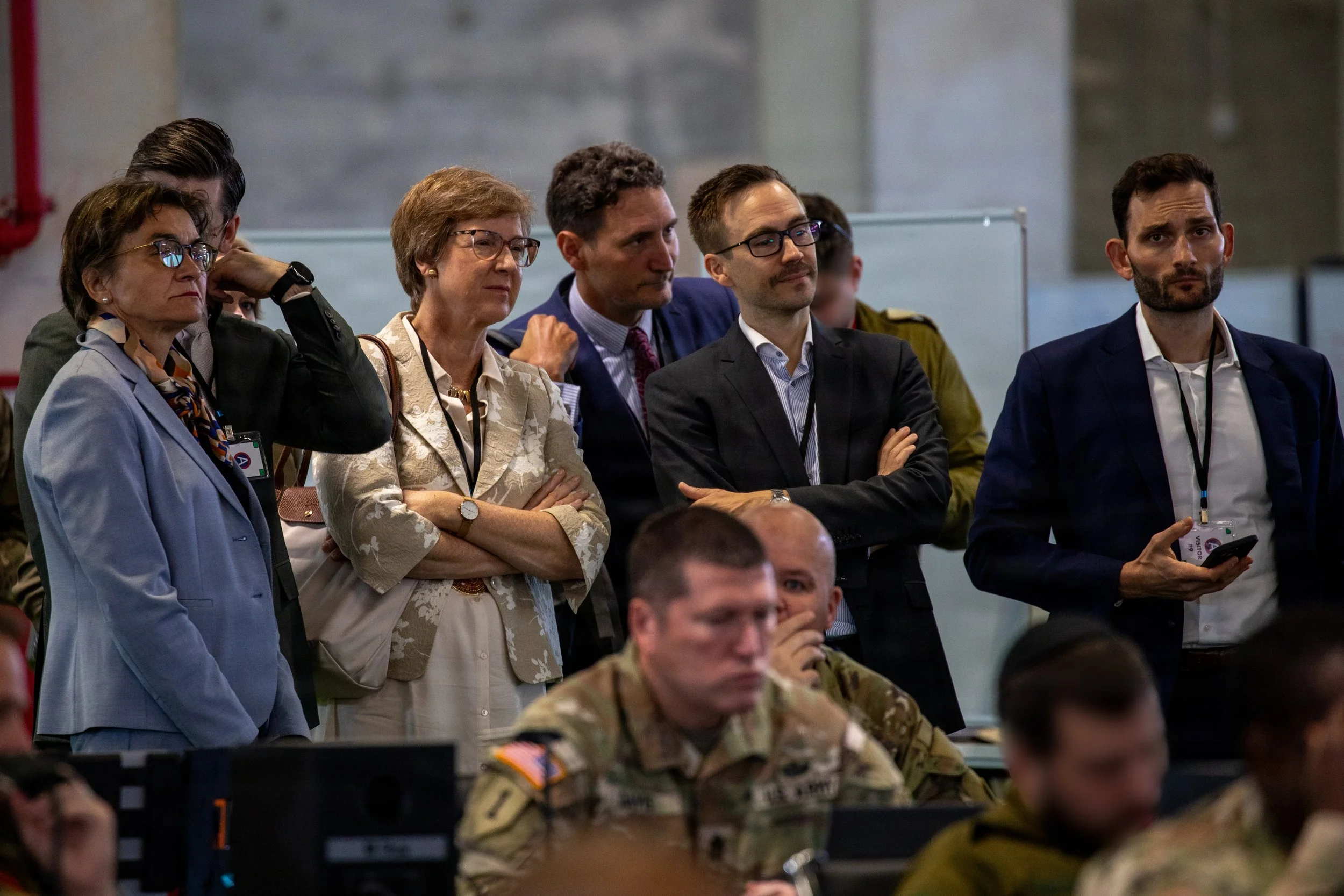 Distinguished visitors attend a meeting inside of the Civil-Military Coordination Center (CMCC) on Nov. 2, 2025, in Israel. The CMCC brings together representatives from partner nations, non-governmental organizations, international institutions, and