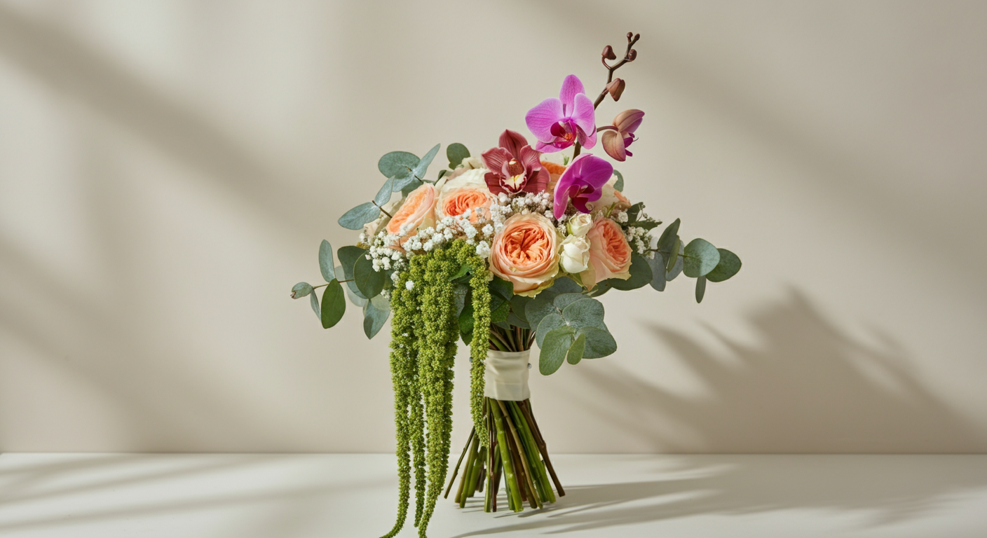 A bouquet of pink and peach roses, purple orchids, green hanging amaranthus, and eucalyptus in a white vase on a white surface with a plain light background.