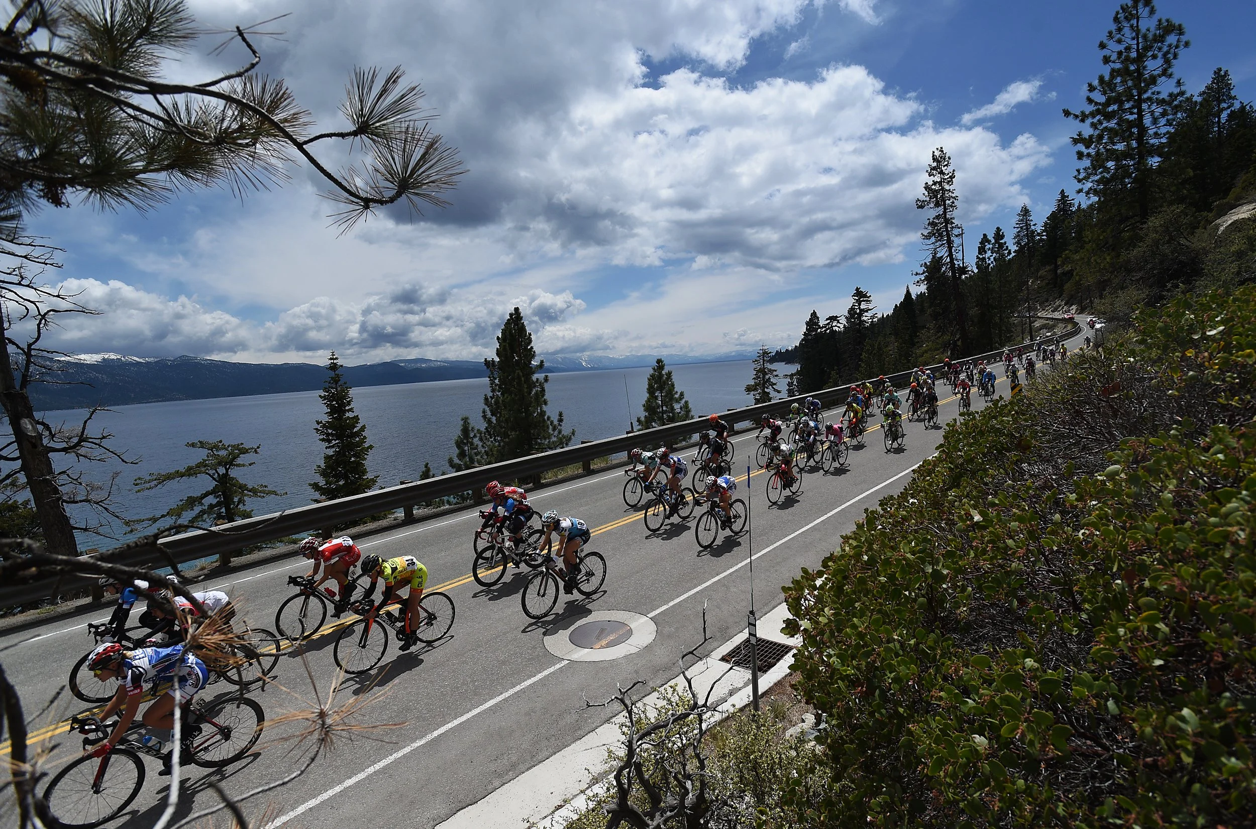 The peloton approaches Incline Village shortly after crossing the border into Nevada during stage one of the inaugural three day Amgen Tour of California Woman's race on May 8, 2015.