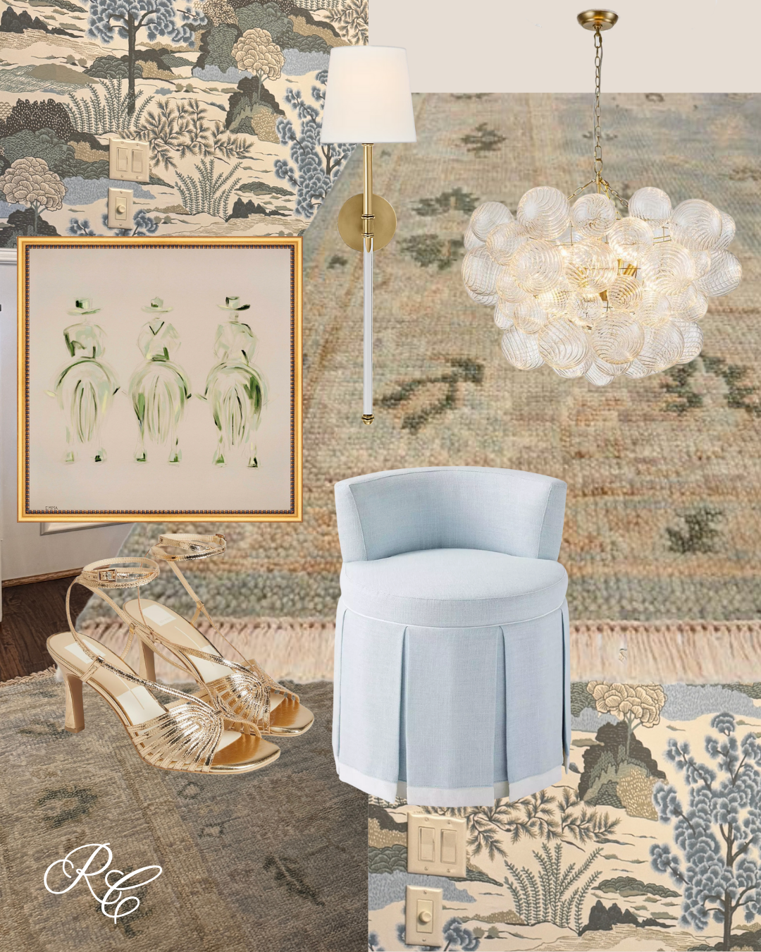 An interior living room scene featuring a white round upholstered chair, a hanging chandelier with multiple glass orbs, a floor lamp with a white shade, a painting of three women on horses, a pair of golden high-heeled sandals, patterned rugs, and a wallpaper with a landscape design.
