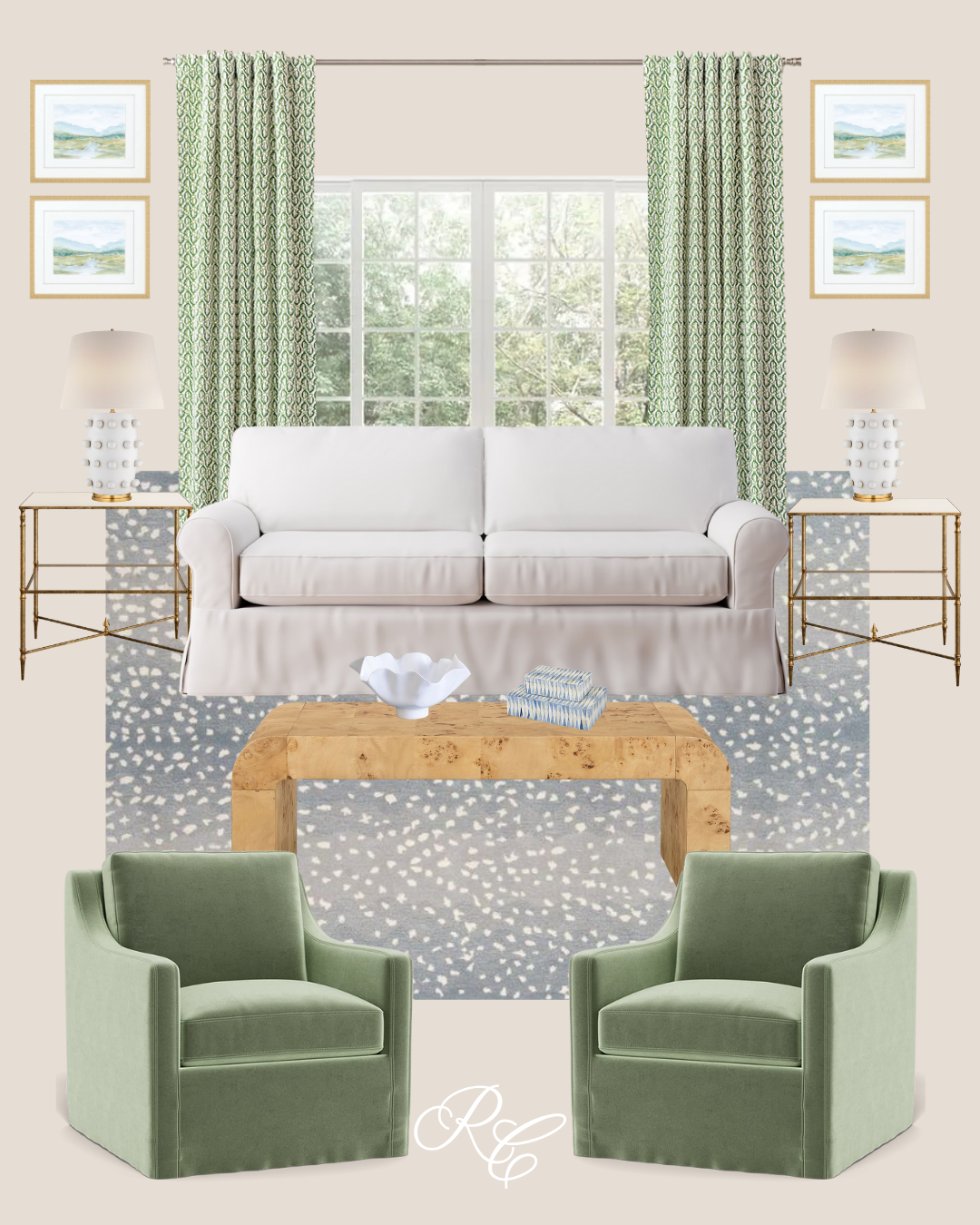Living room with a white sofa, two green armchairs, two side tables with lamps, a wooden coffee table with a decorative bowl and a box, a patterned rug, and large windows with green patterned curtains. Four framed landscape watercolor paintings on the wall.