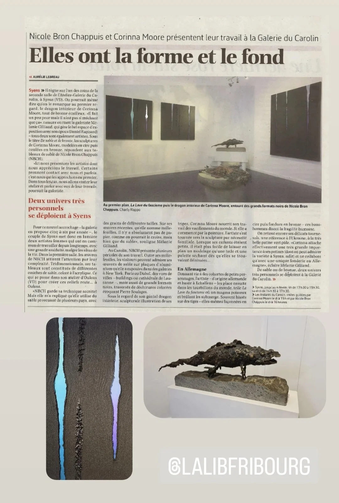 Page de journal avec un article sur des œuvres artistiques, incluant deux photos d'œuvres d'art, une sculpture de Corinna Moore représentant un lézard et une peinture abstraite avec deux bandes violettes et bleues.