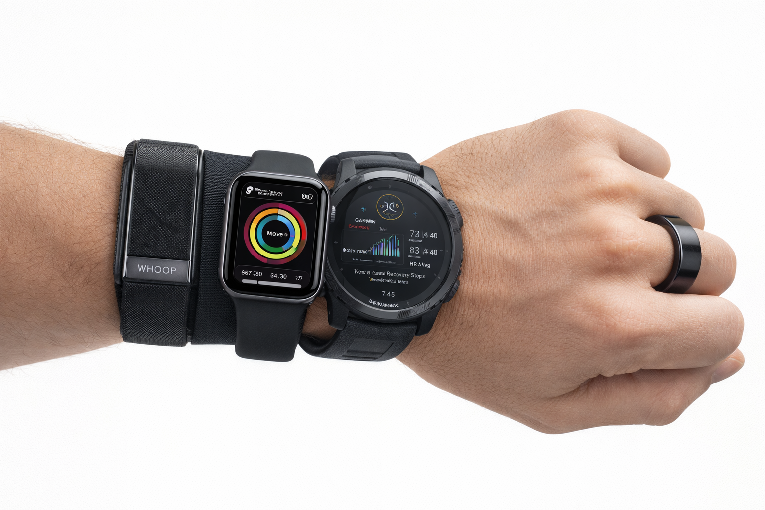 A person's wrist wearing three smart devices: a fitness tracker, a smartwatch, and a ring, all showing health and activity data.