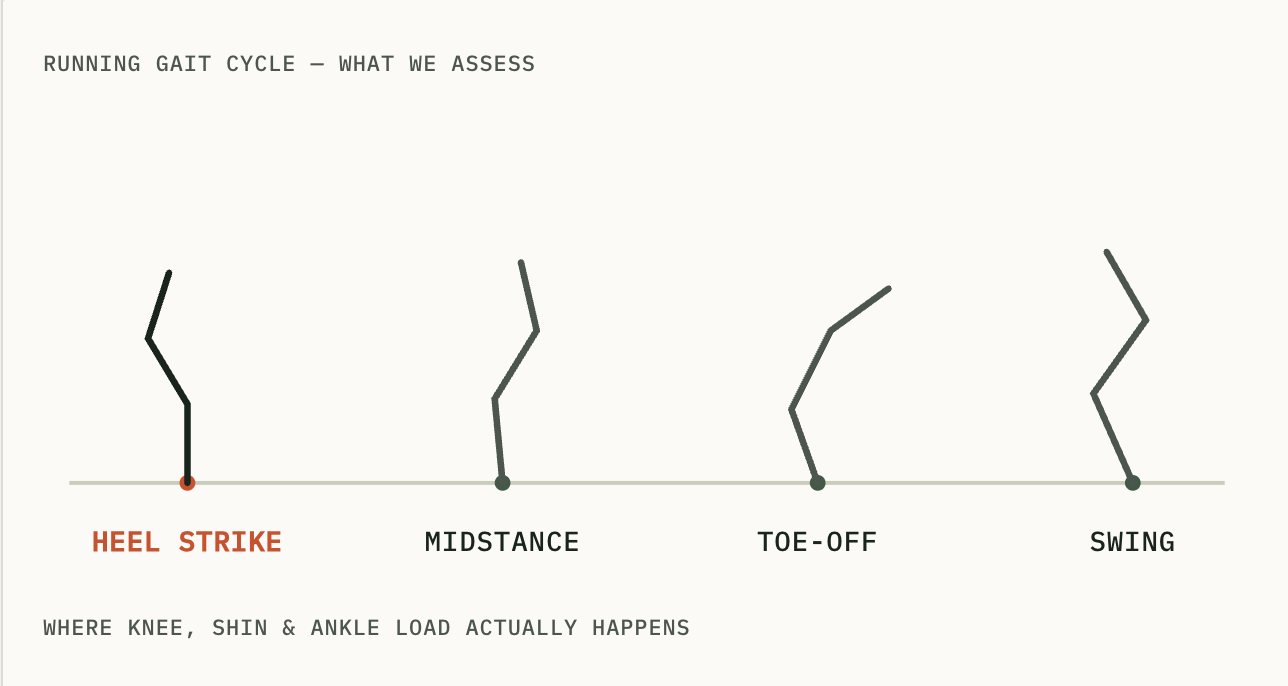 Diagram illustrating the stages of the running gait cycle, including heel strike, midstance, toe-off, and swing, with labels and notes on where knee, shin, and ankle load occurs.