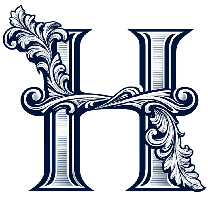 Heston Solutions logo, Navy Blue and silver H with engraving scoll sccents.