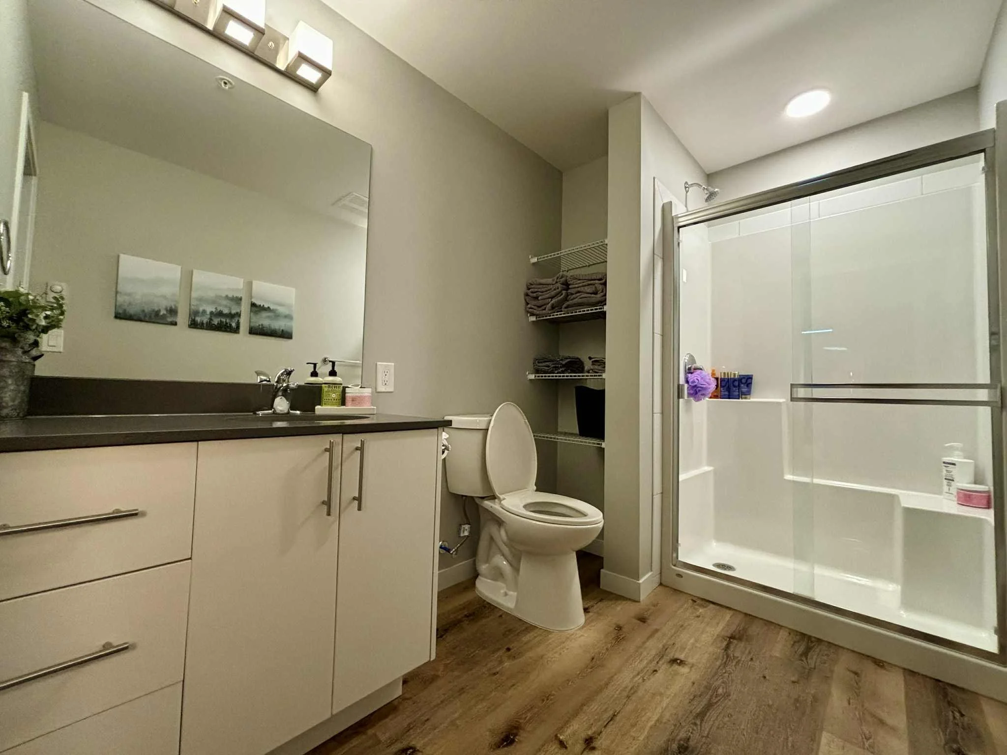 Bathroom with white vanity, large mirror, gray countertop, toilet, open shelves with towels, sliding glass shower door, wood-style flooring.