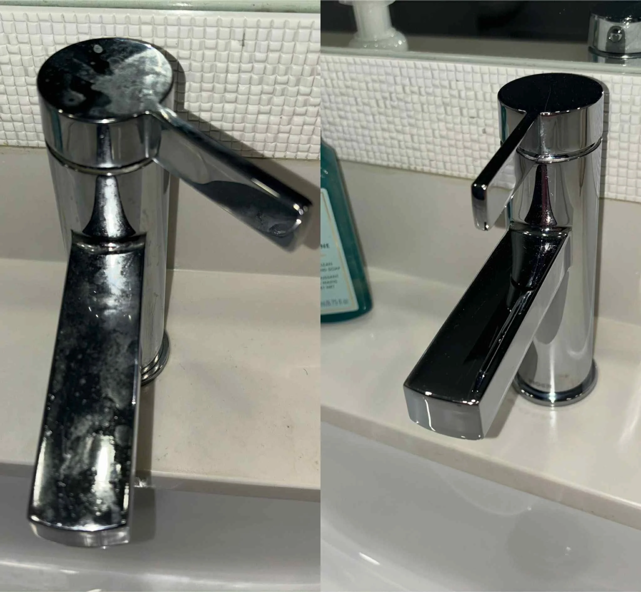 Comparison of two bathroom sink faucets, left old and dirty, right new and shiny.