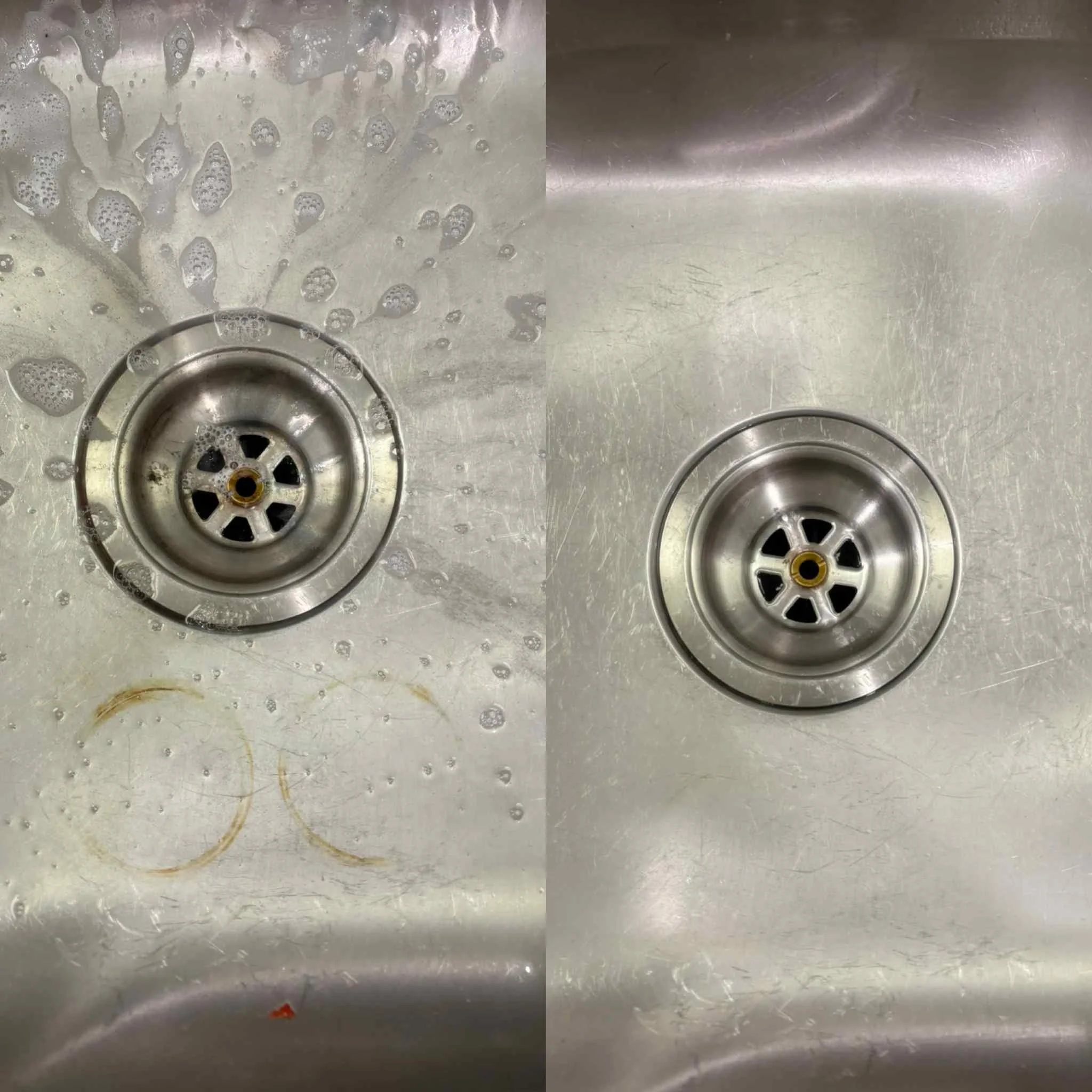 Before and after images of a stainless steel kitchen sink drain, with soap and water on the left and a clean drain on the right.