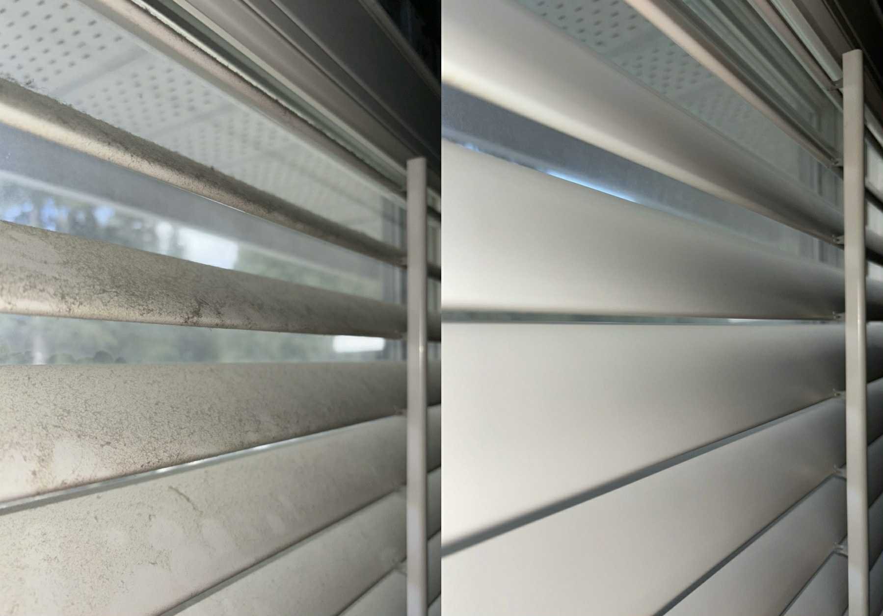 Comparison of window blinds, with the left side showing dirty and dusty blinds, and the right side showing clean and clean blinds.